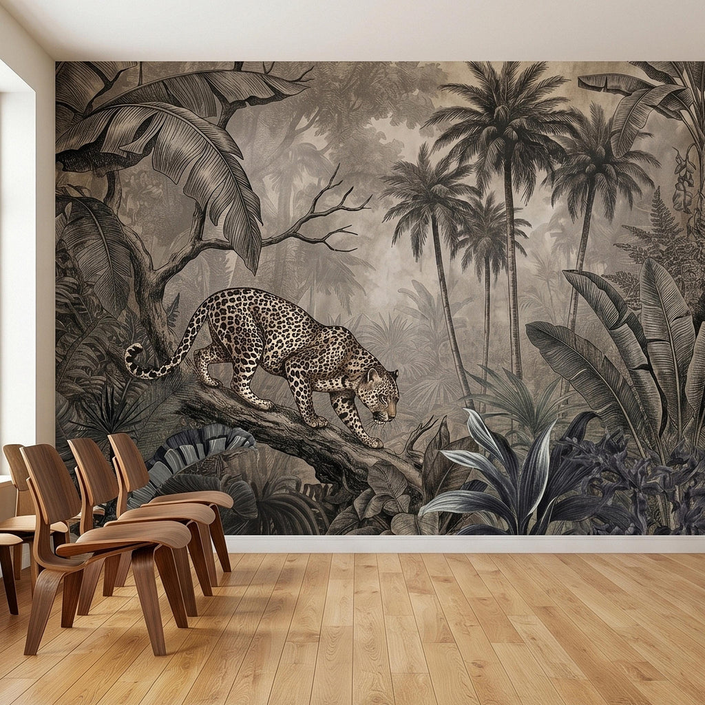 Leopard Jungle Peel and Stick Wall Mural, Vintage Neutral Sepia Tropical Palm Banana Leaves Safari Scene, Engraved Botanical Toile Wallpaper