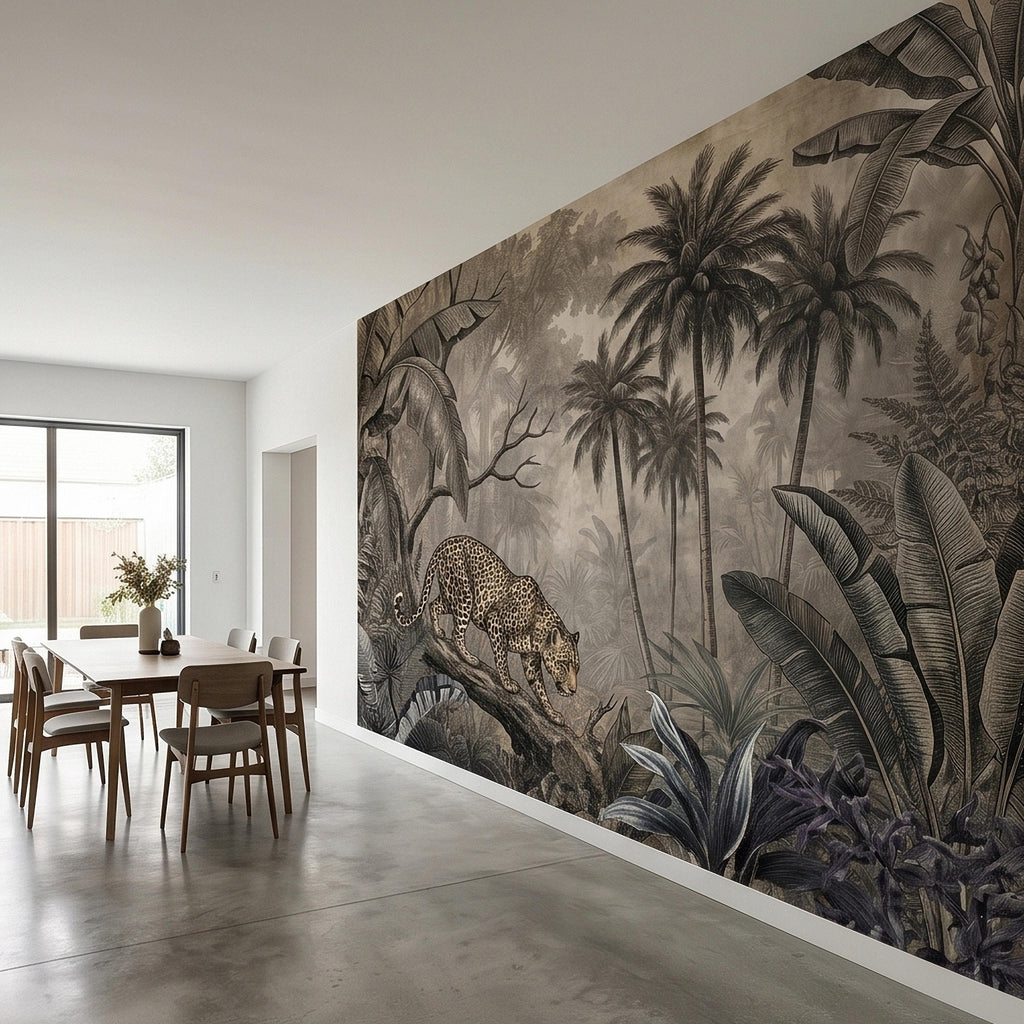 Leopard Jungle Peel and Stick Wall Mural, Vintage Neutral Sepia Tropical Palm Banana Leaves Safari Scene, Engraved Botanical Toile Wallpaper