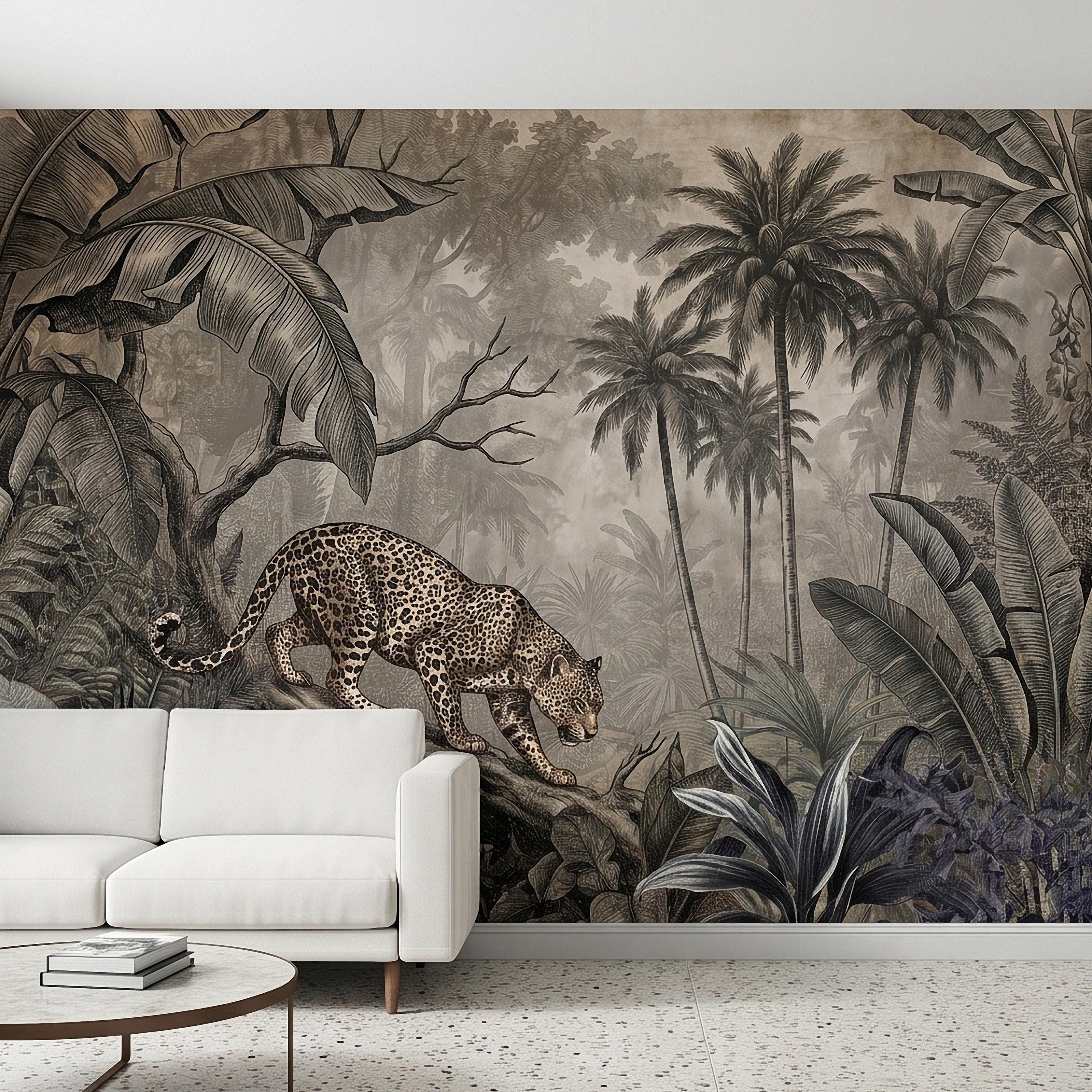 Leopard Jungle Peel and Stick Wall Mural, Vintage Neutral Sepia Tropical Palm Banana Leaves Safari Scene, Engraved Botanical Toile Wallpaper