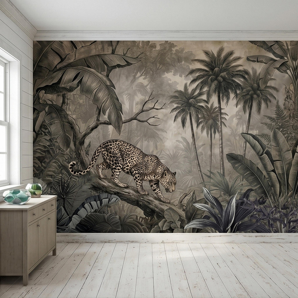 Leopard Jungle Peel and Stick Wall Mural, Vintage Neutral Sepia Tropical Palm Banana Leaves Safari Scene, Engraved Botanical Toile Wallpaper