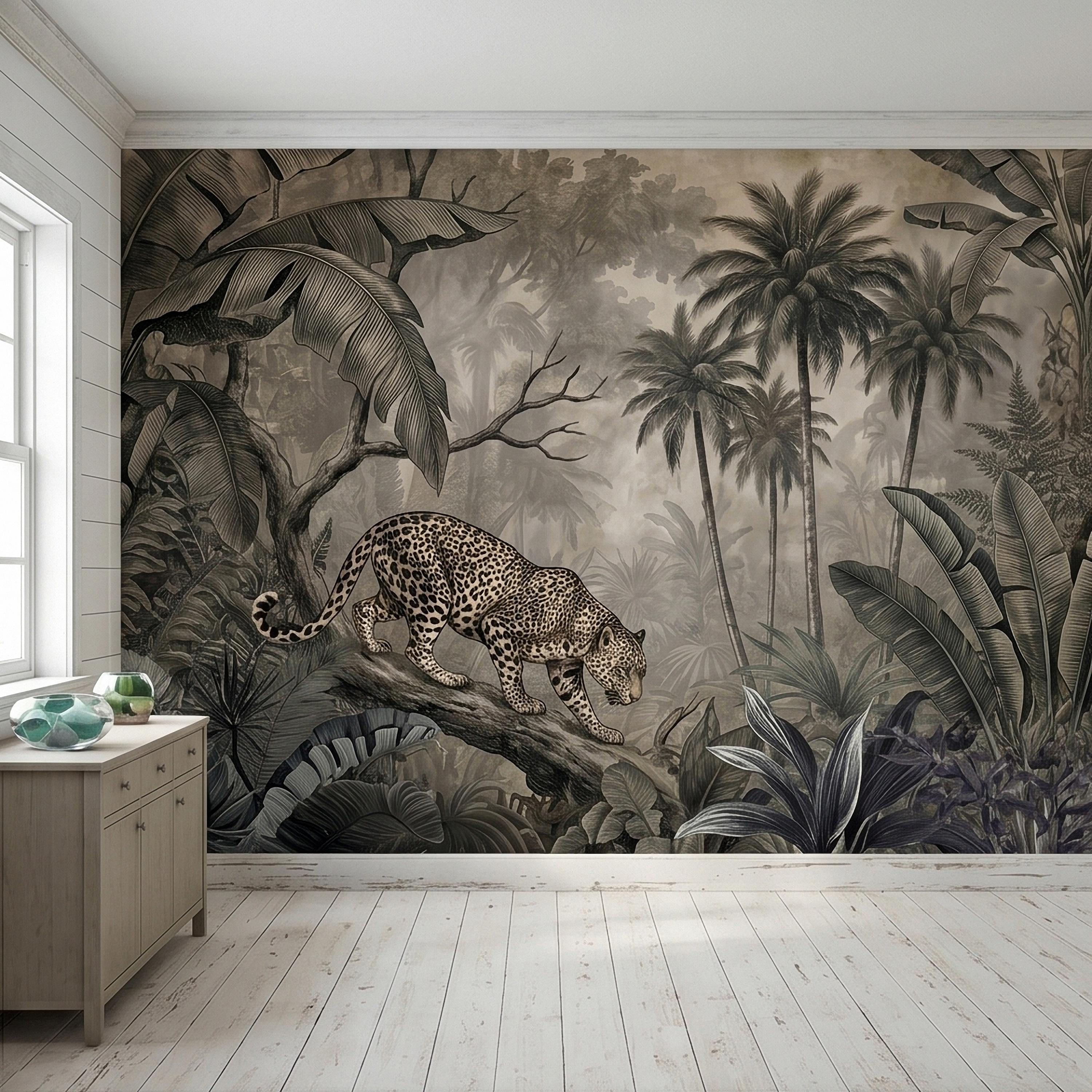 Leopard Jungle Peel and Stick Wall Mural, Vintage Neutral Sepia Tropical Palm Banana Leaves Safari Scene, Engraved Botanical Toile Wallpaper