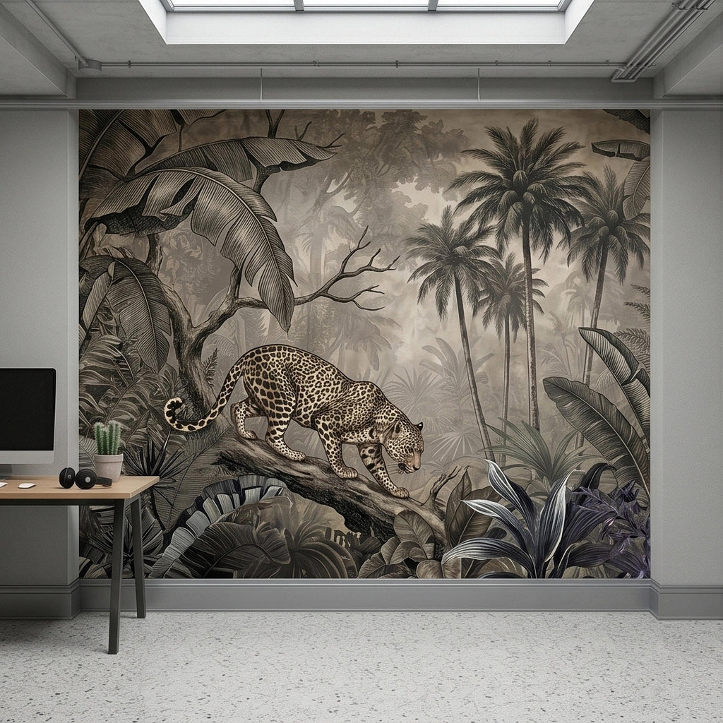 Leopard Jungle Peel and Stick Wall Mural, Vintage Neutral Sepia Tropical Palm Banana Leaves Safari Scene, Engraved Botanical Toile Wallpaper