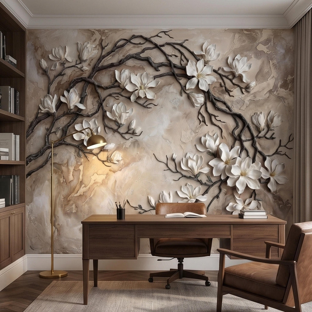 White Magnolia Blossoms Peel & Stick Wall Mural, Flat Cream Taupe Stone Style, 3D Visual Effect Elegant Embossed Look Botanical Wallpaper