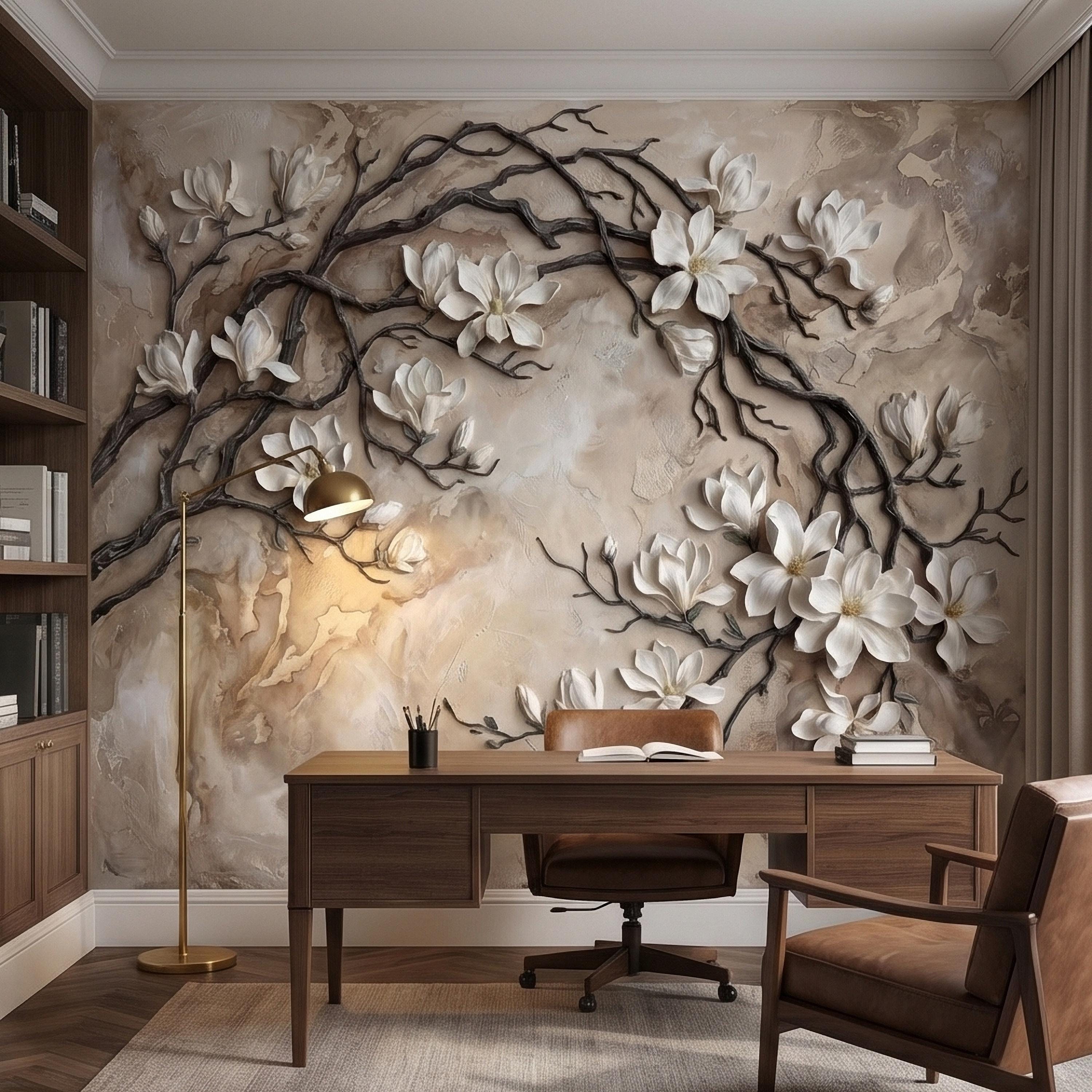White Magnolia Blossoms Peel & Stick Wall Mural, Flat Cream Taupe Stone Style, 3D Visual Effect Elegant Embossed Look Botanical Wallpaper