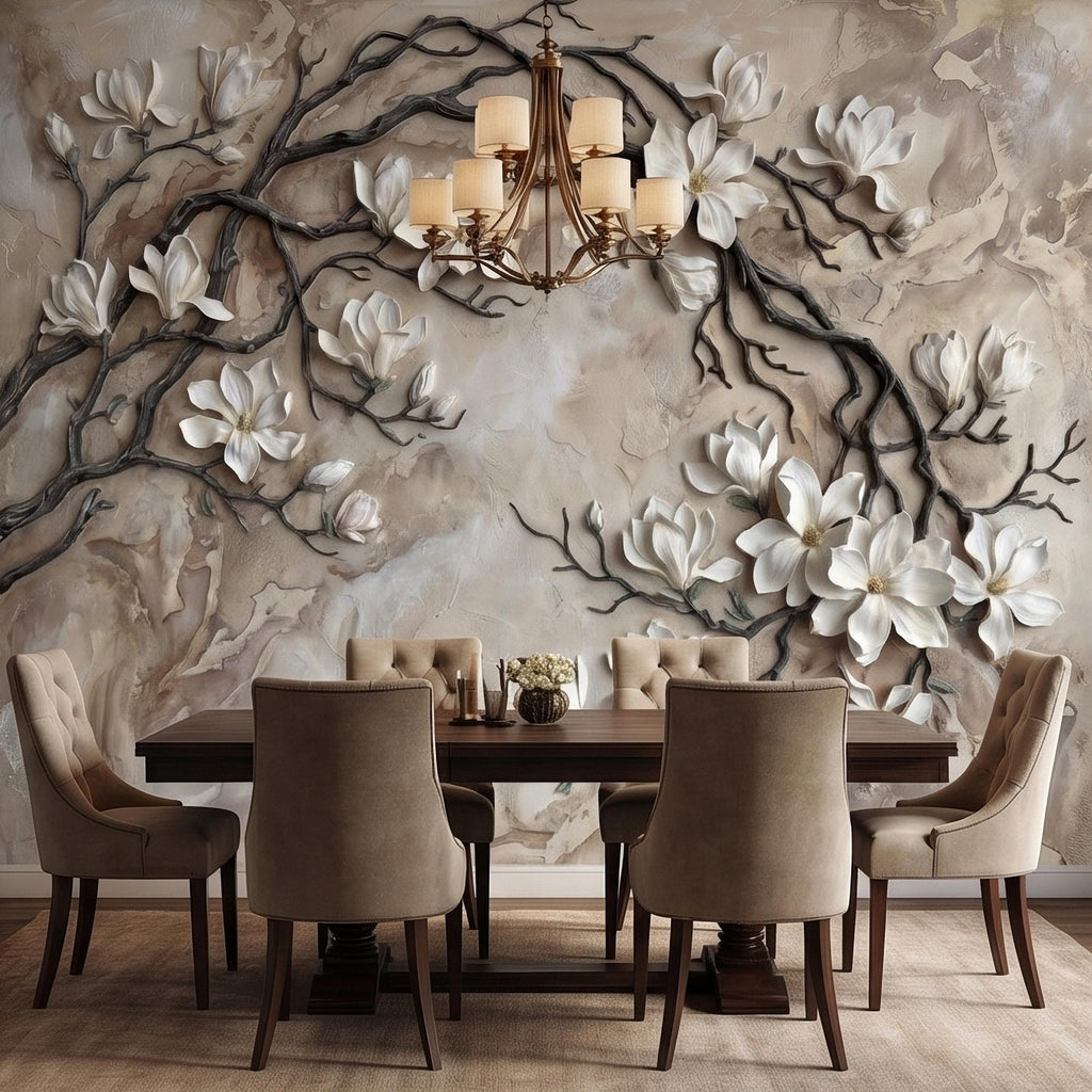 White Magnolia Blossoms Peel & Stick Wall Mural, Flat Cream Taupe Stone Style, 3D Visual Effect Elegant Embossed Look Botanical Wallpaper