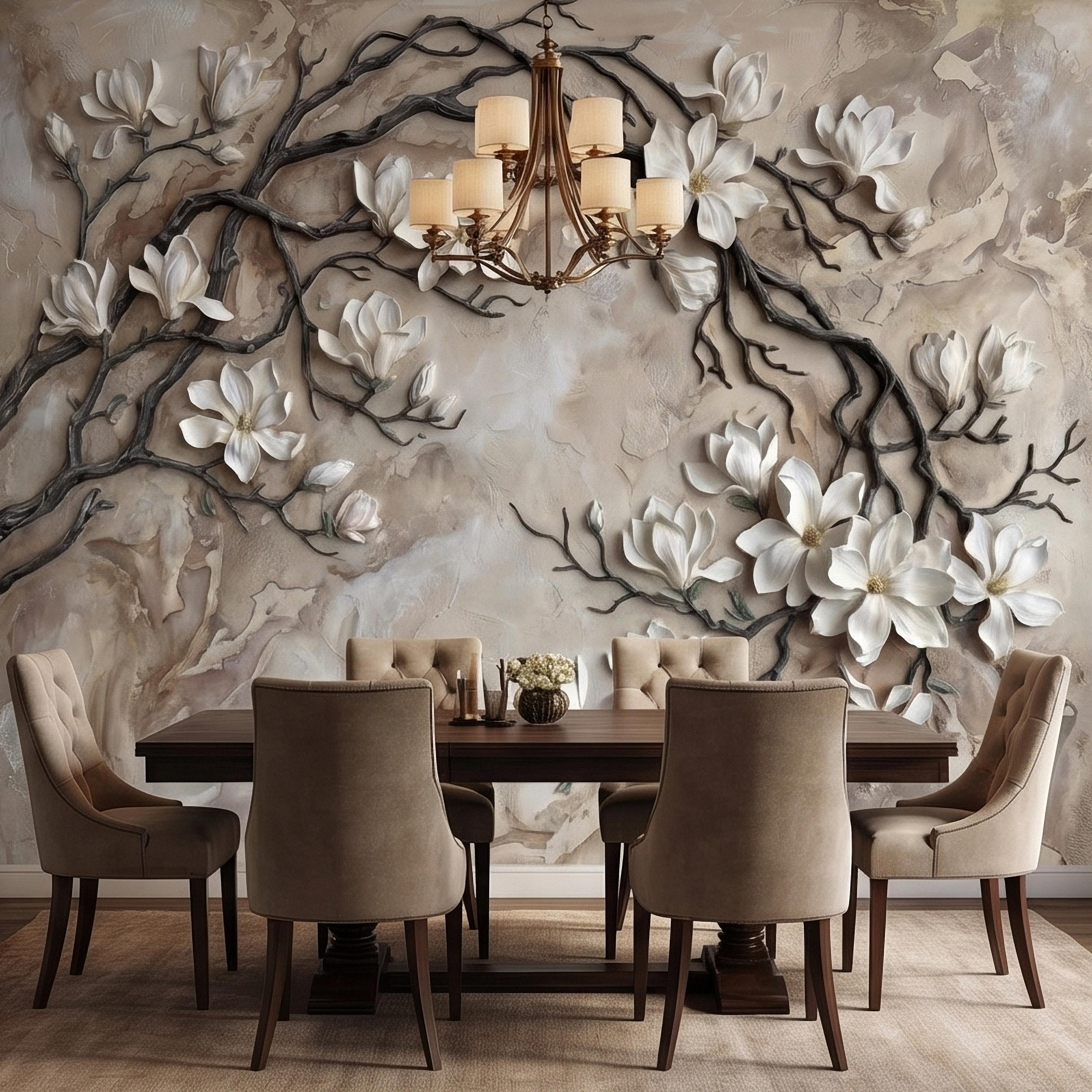 White Magnolia Blossoms Peel & Stick Wall Mural, Flat Cream Taupe Stone Style, 3D Visual Effect Elegant Embossed Look Botanical Wallpaper