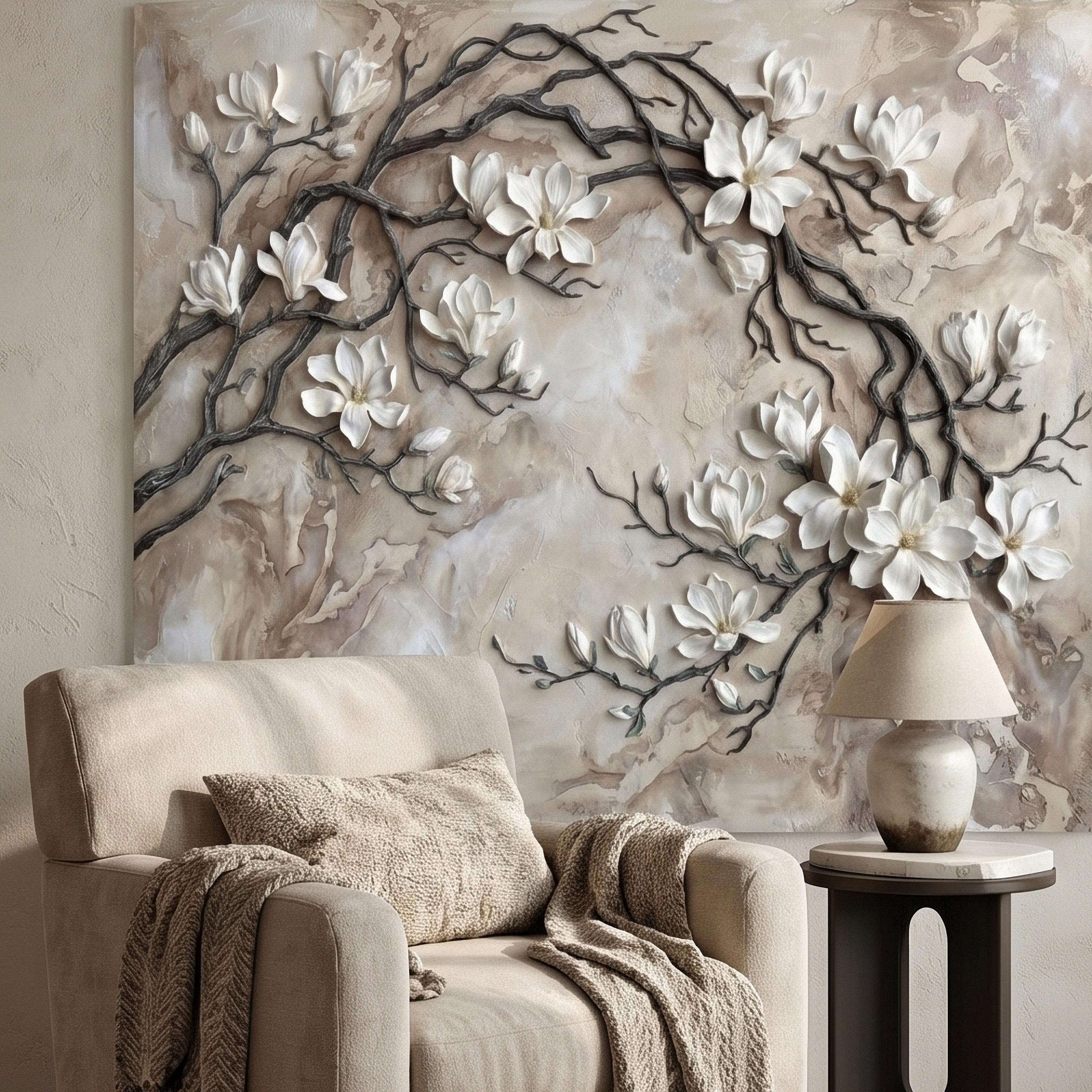White Magnolia Blossoms Peel & Stick Wall Mural, Flat Cream Taupe Stone Style, 3D Visual Effect Elegant Embossed Look Botanical Wallpaper