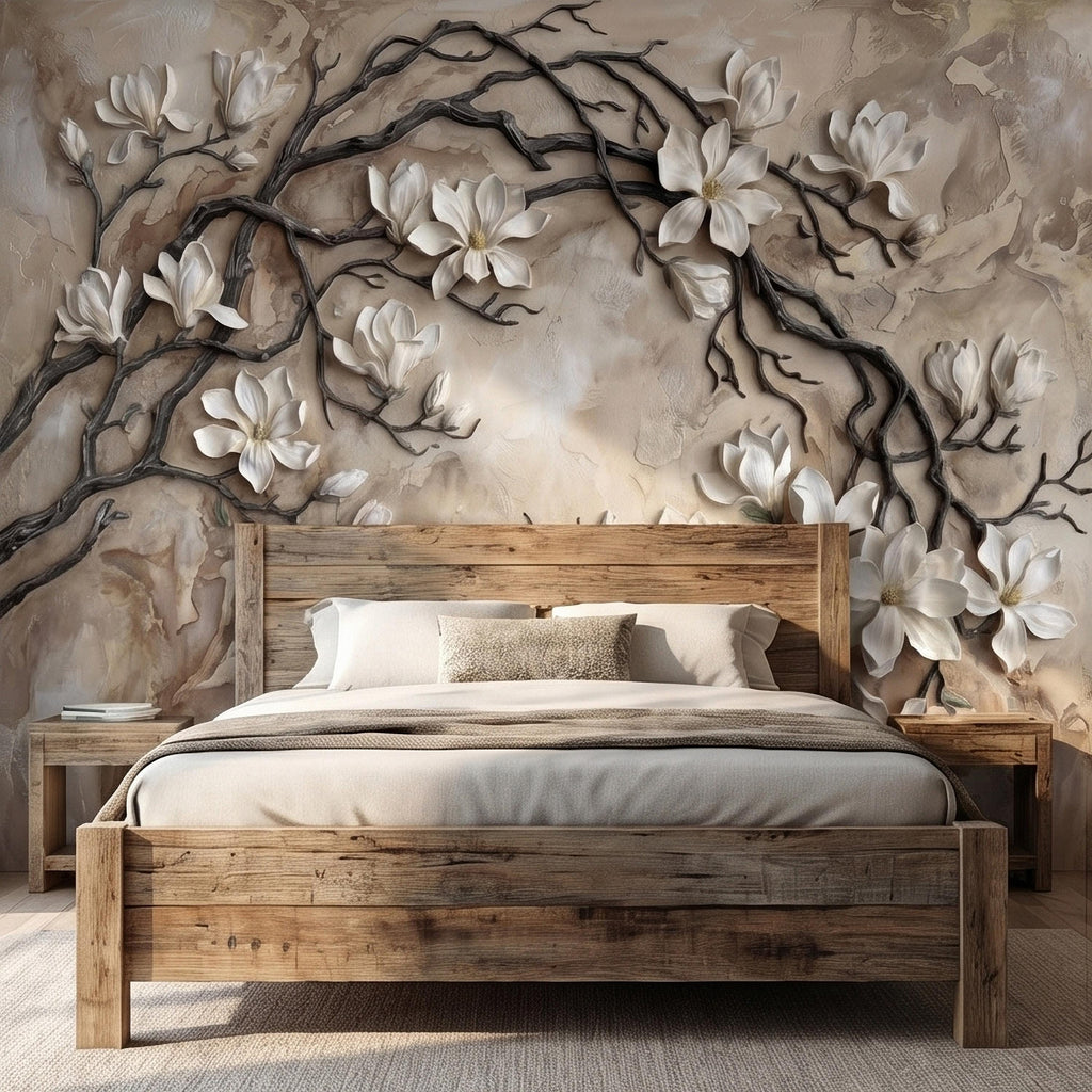 White Magnolia Blossoms Peel & Stick Wall Mural, Flat Cream Taupe Stone Style, 3D Visual Effect Elegant Embossed Look Botanical Wallpaper