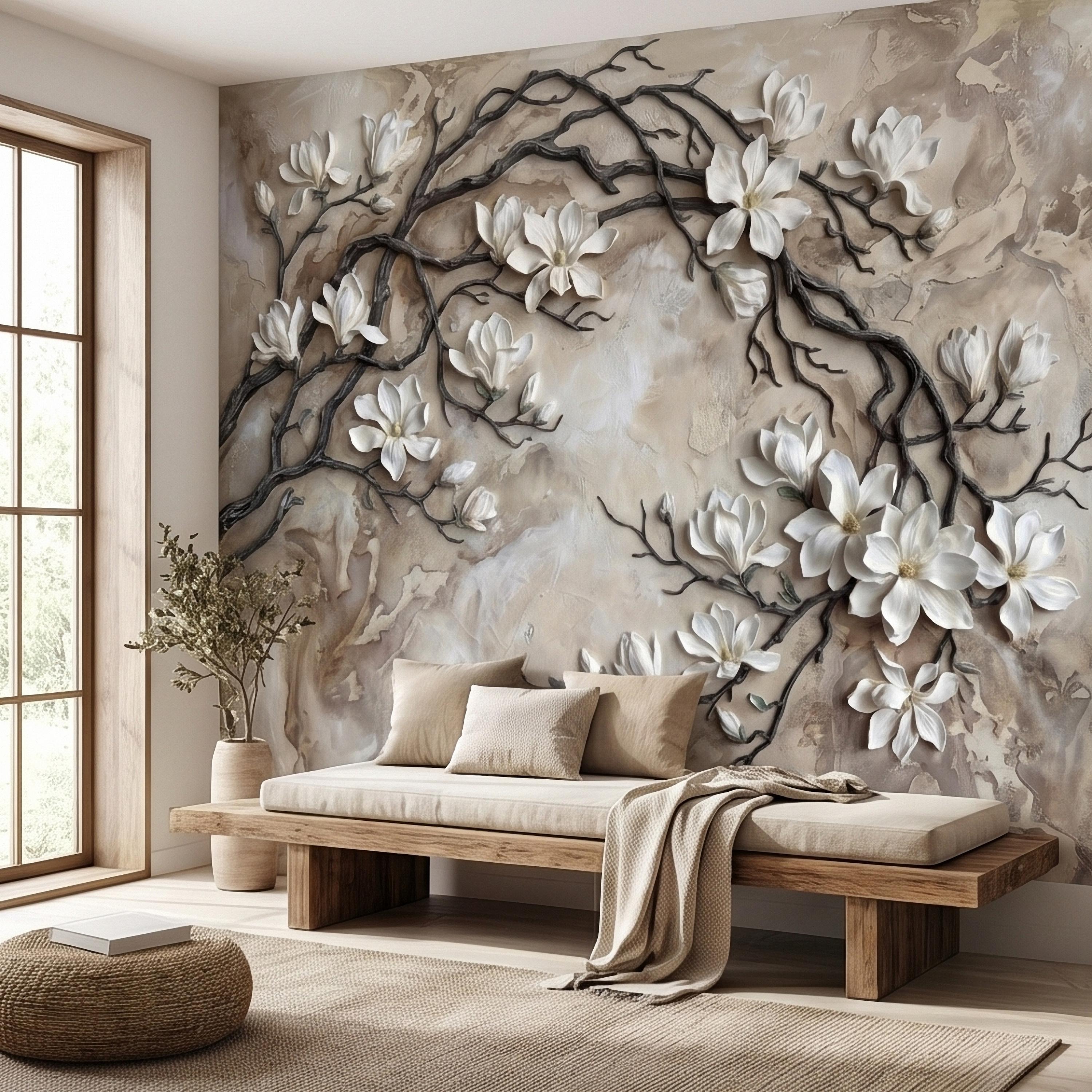 White Magnolia Blossoms Peel & Stick Wall Mural, Flat Cream Taupe Stone Style, 3D Visual Effect Elegant Embossed Look Botanical Wallpaper
