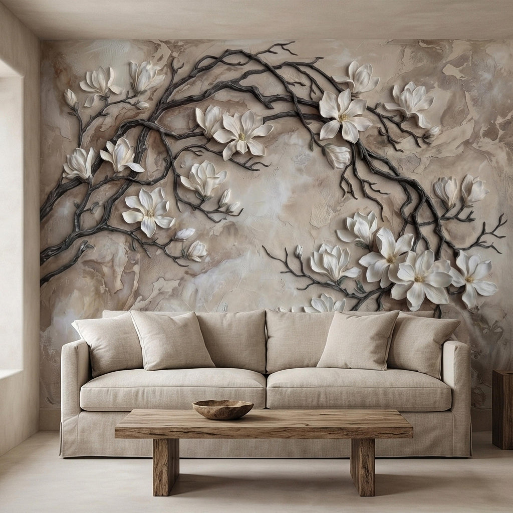 White Magnolia Blossoms Peel & Stick Wall Mural, Flat Cream Taupe Stone Style, 3D Visual Effect Elegant Embossed Look Botanical Wallpaper