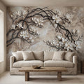 White Magnolia Blossoms Peel & Stick Wall Mural, Flat Cream Taupe Stone Style, 3D Visual Effect Elegant Embossed Look Botanical Wallpaper