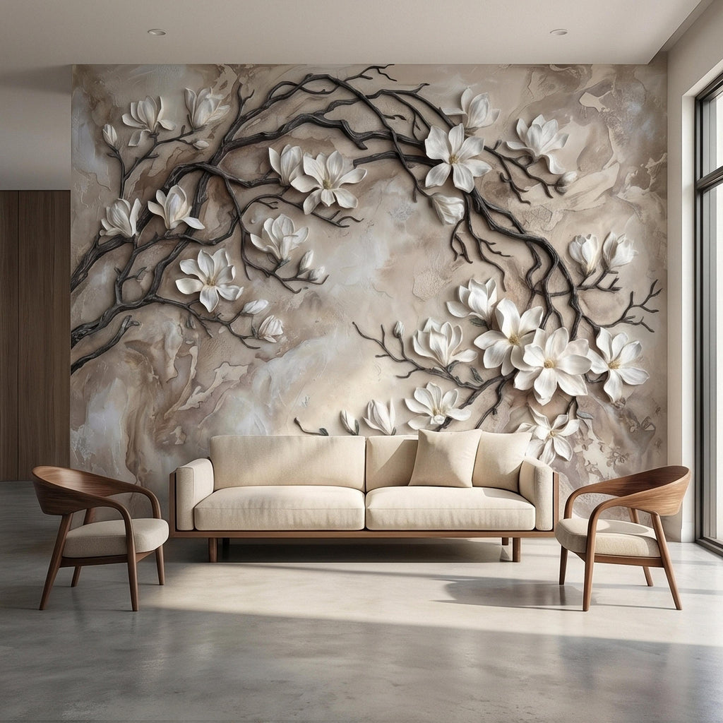 White Magnolia Blossoms Peel & Stick Wall Mural, Flat Cream Taupe Stone Style, 3D Visual Effect Elegant Embossed Look Botanical Wallpaper