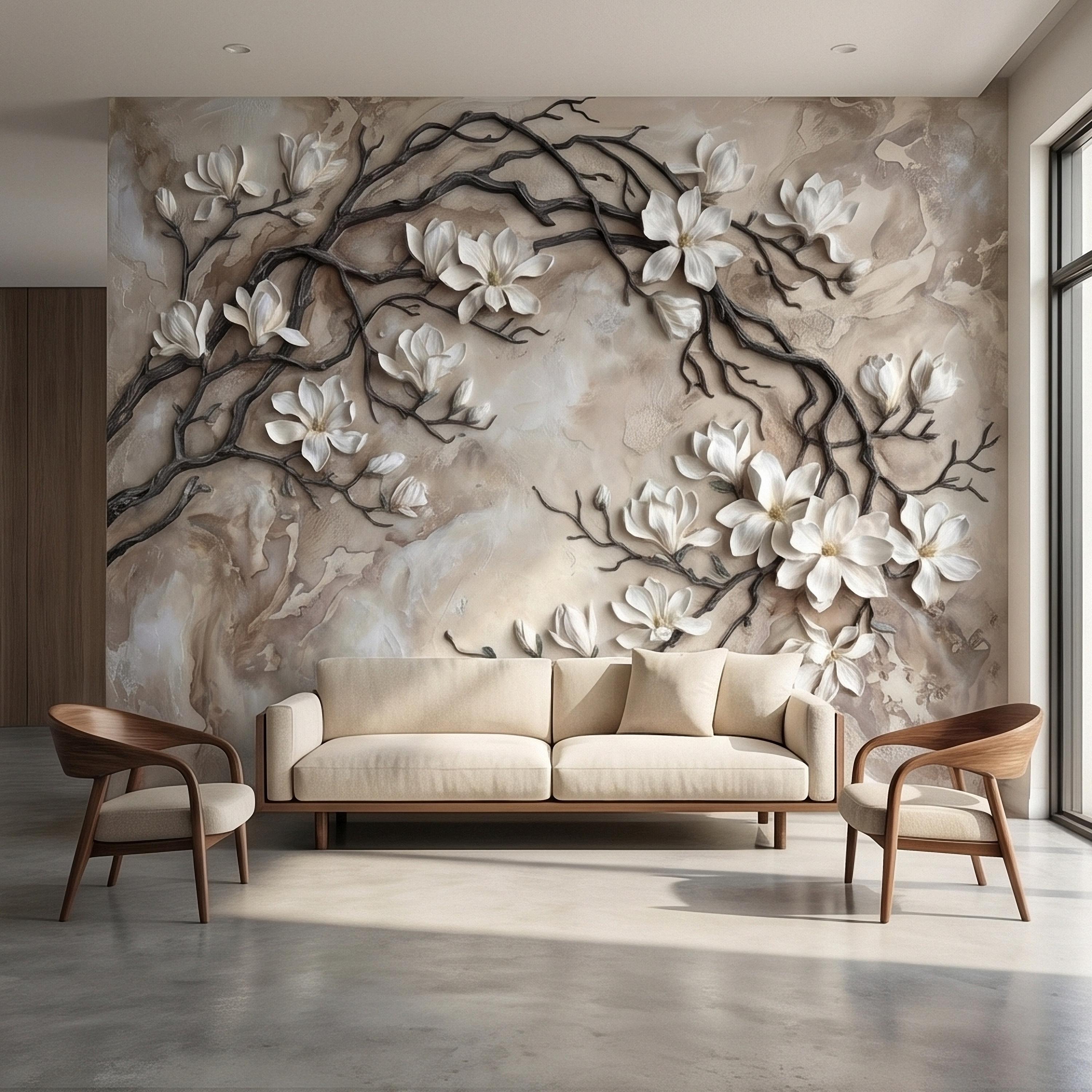 White Magnolia Blossoms Peel & Stick Wall Mural, Flat Cream Taupe Stone Style, 3D Visual Effect Elegant Embossed Look Botanical Wallpaper