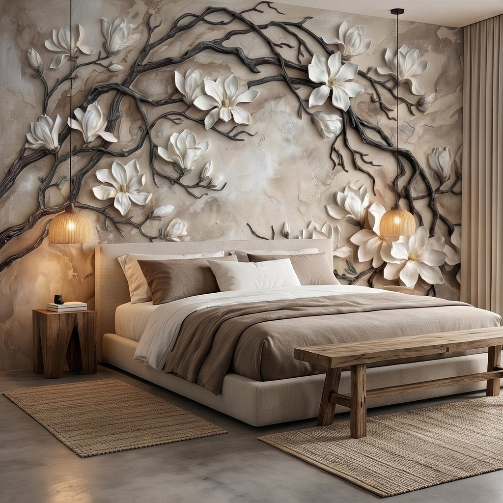 White Magnolia Blossoms Peel & Stick Wall Mural, Flat Cream Taupe Stone Style, 3D Visual Effect Elegant Embossed Look Botanical Wallpaper