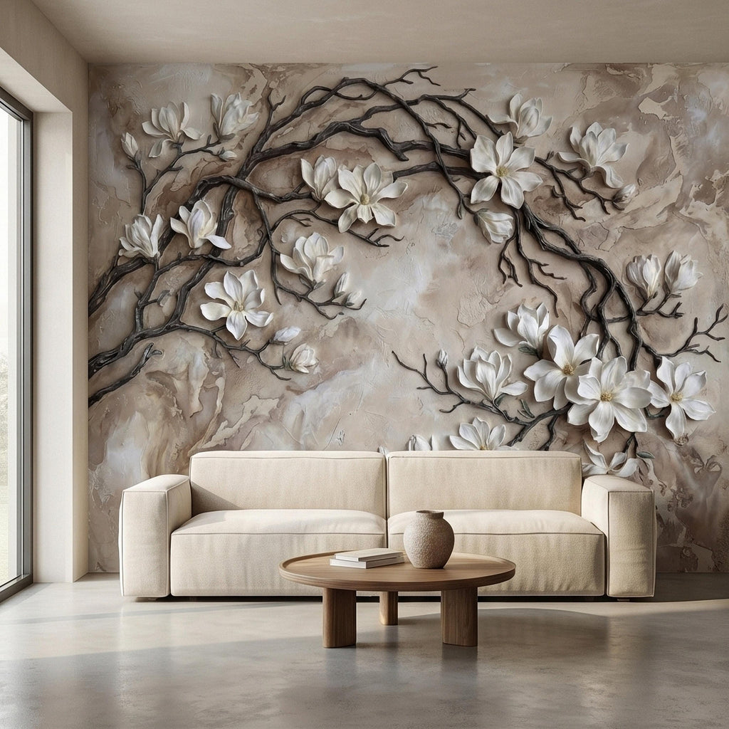 White Magnolia Blossoms Peel & Stick Wall Mural, Flat Cream Taupe Stone Style, 3D Visual Effect Elegant Embossed Look Botanical Wallpaper
