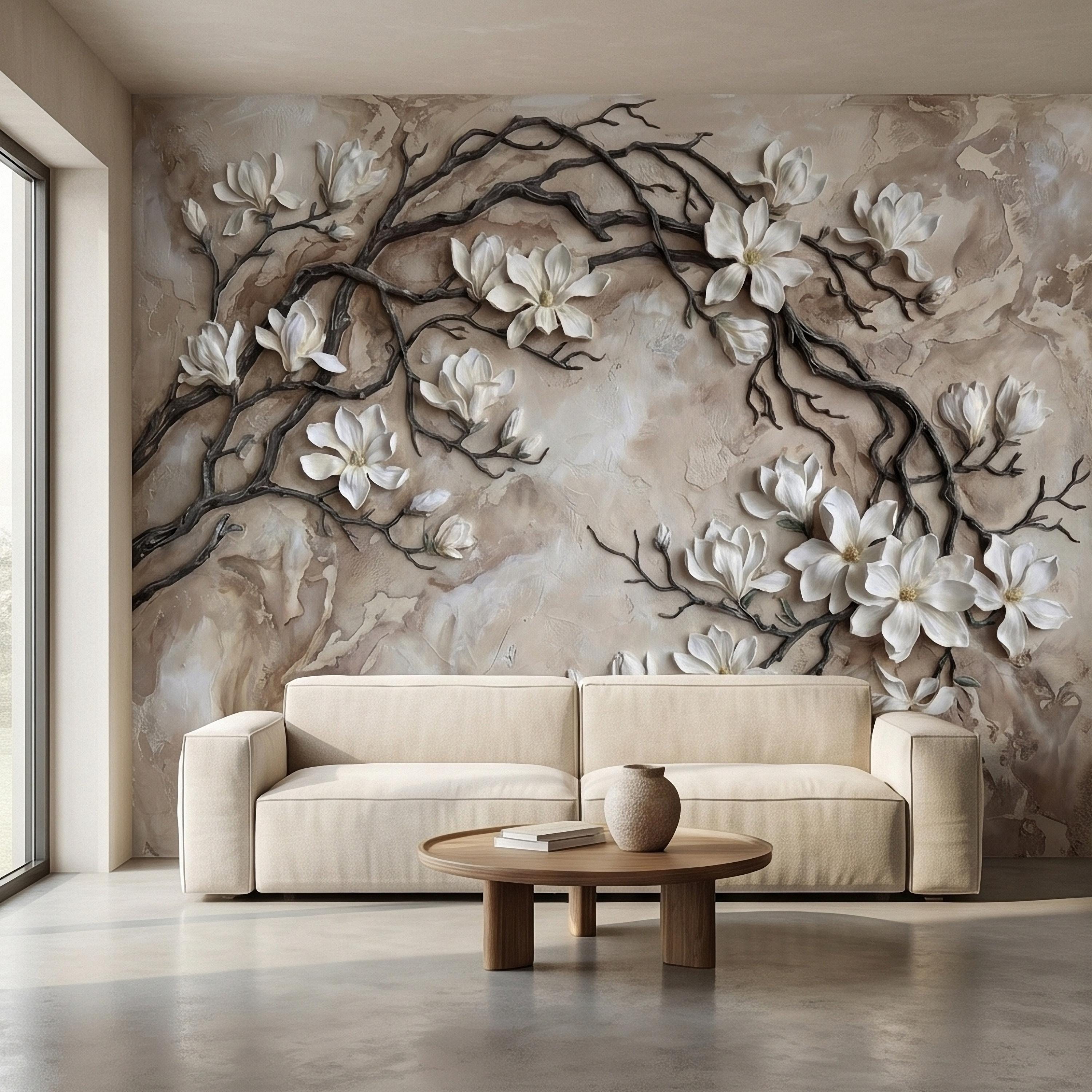 White Magnolia Blossoms Peel & Stick Wall Mural, Flat Cream Taupe Stone Style, 3D Visual Effect Elegant Embossed Look Botanical Wallpaper