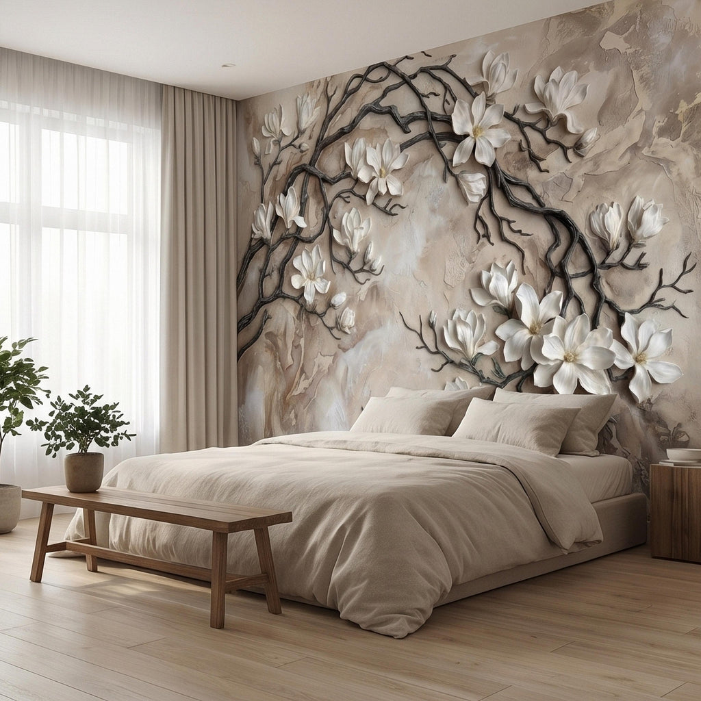 White Magnolia Blossoms Peel & Stick Wall Mural, Flat Cream Taupe Stone Style, 3D Visual Effect Elegant Embossed Look Botanical Wallpaper