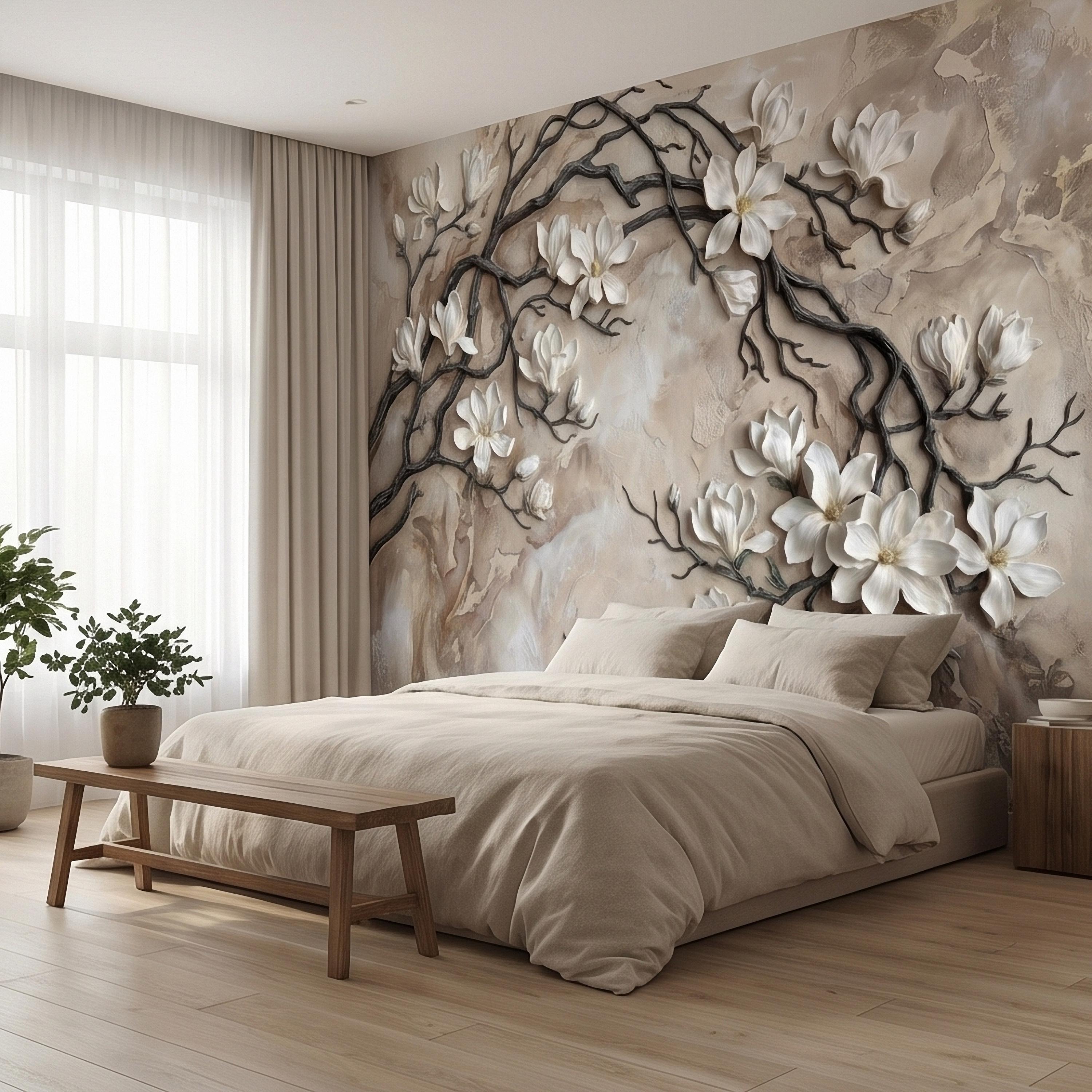 White Magnolia Blossoms Peel & Stick Wall Mural, Flat Cream Taupe Stone Style, 3D Visual Effect Elegant Embossed Look Botanical Wallpaper