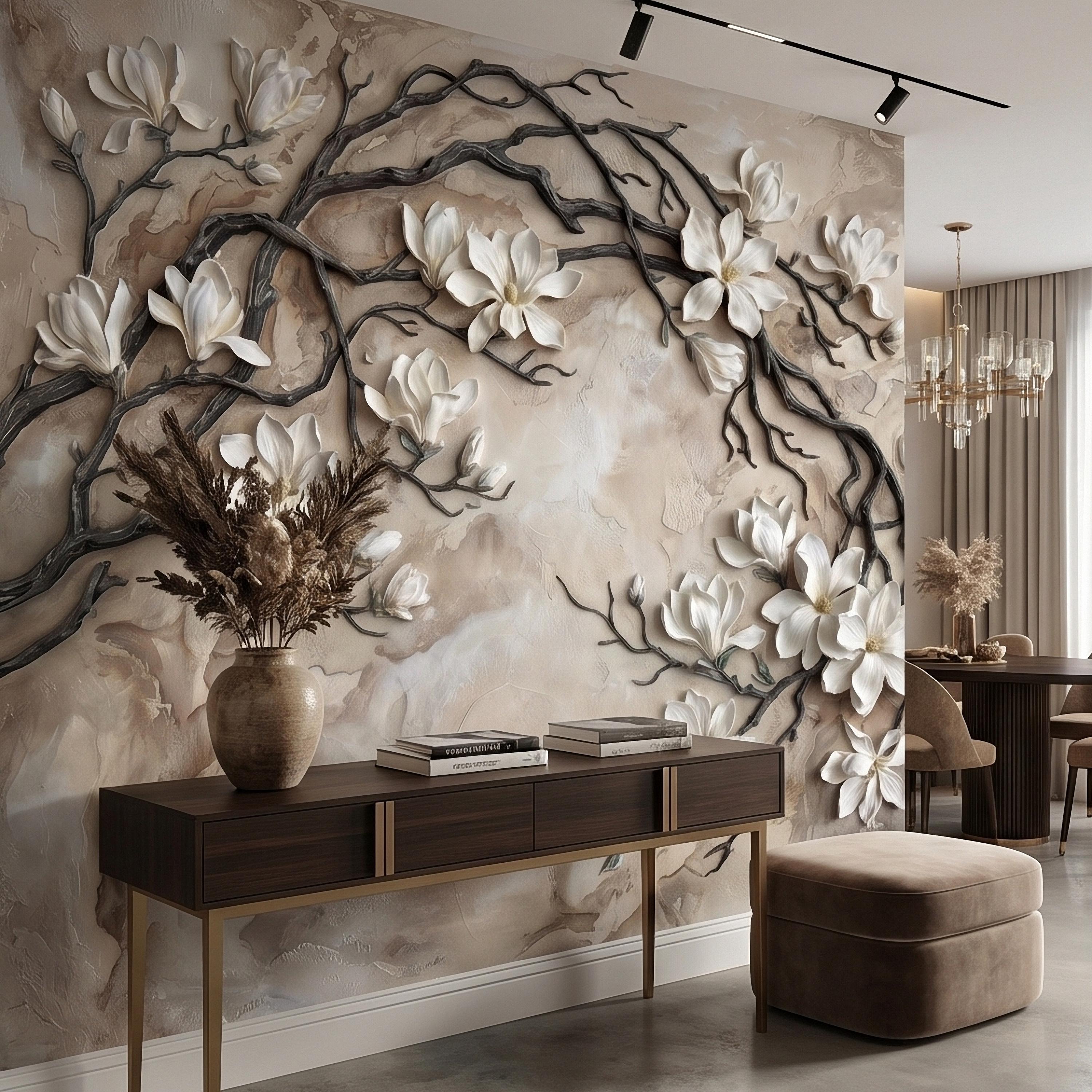 White Magnolia Blossoms Peel & Stick Wall Mural, Flat Cream Taupe Stone Style, 3D Visual Effect Elegant Embossed Look Botanical Wallpaper