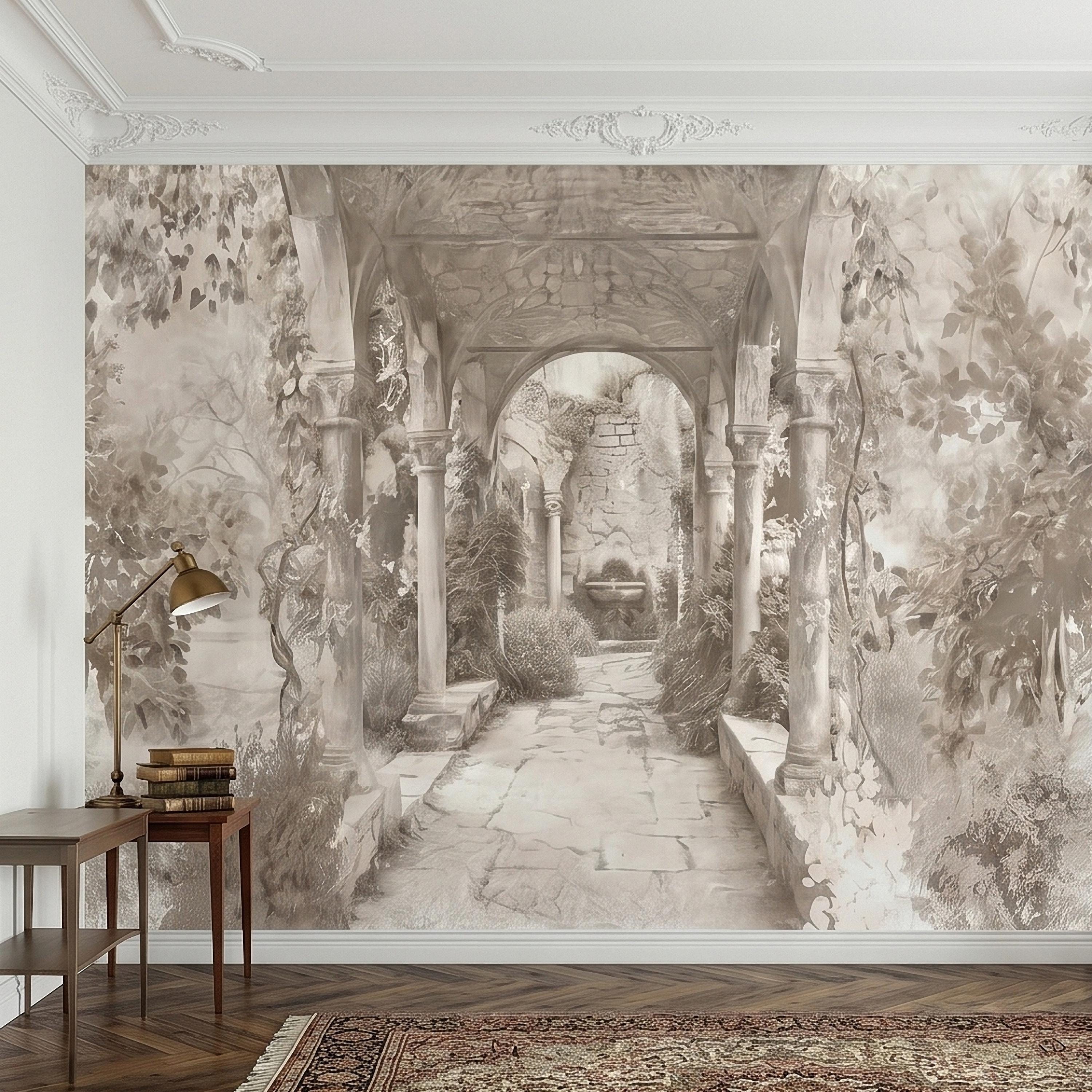 Vintage Stone Archway Garden Peel and Stick Wall Mural, Neutral Beige Sepia Italian Courtyard Ruins with Ivy, Romantic Old World Wallpaper
