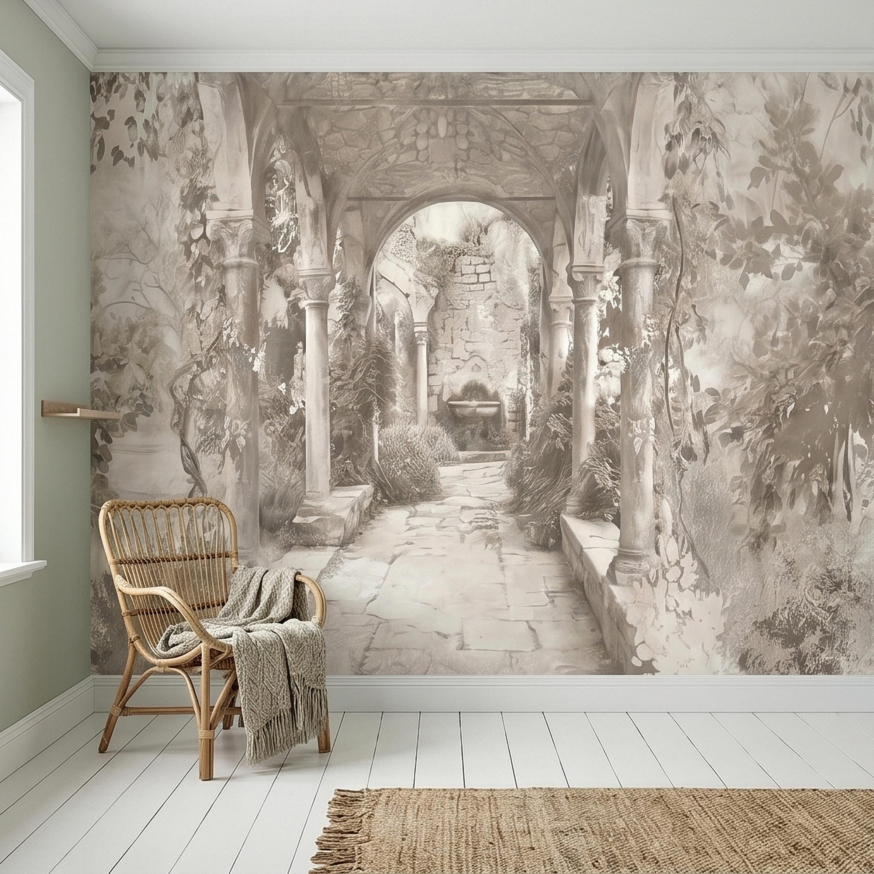 Vintage Stone Archway Garden Peel and Stick Wall Mural, Neutral Beige Sepia Italian Courtyard Ruins with Ivy, Romantic Old World Wallpaper