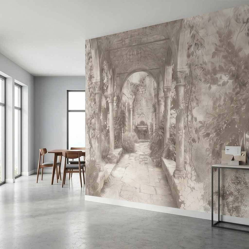Vintage Stone Archway Garden Peel and Stick Wall Mural, Neutral Beige Sepia Italian Courtyard Ruins with Ivy, Romantic Old World Wallpaper