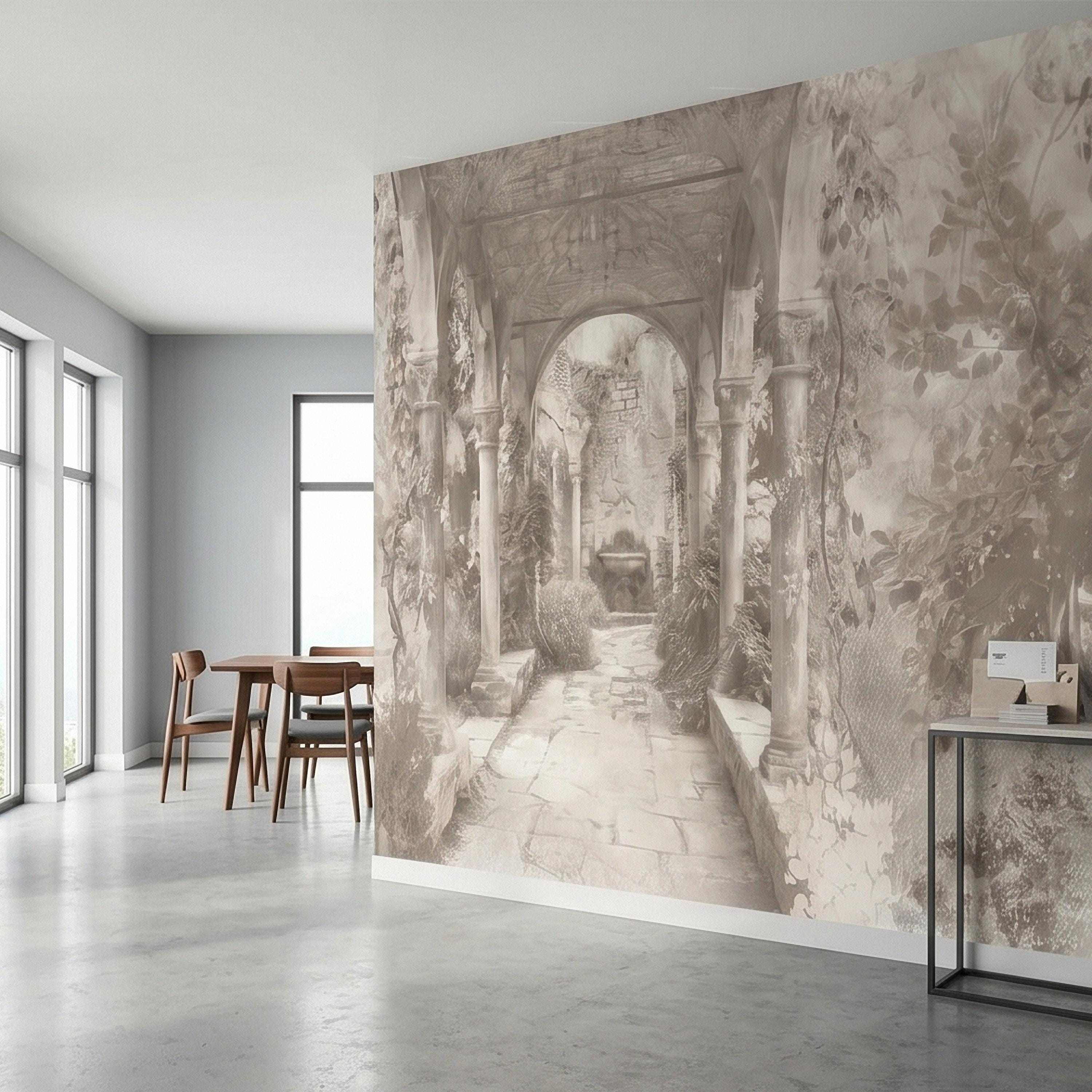 Vintage Stone Archway Garden Peel and Stick Wall Mural, Neutral Beige Sepia Italian Courtyard Ruins with Ivy, Romantic Old World Wallpaper