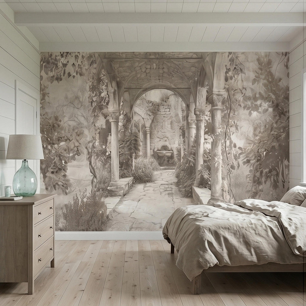 Vintage Stone Archway Garden Peel and Stick Wall Mural, Neutral Beige Sepia Italian Courtyard Ruins with Ivy, Romantic Old World Wallpaper