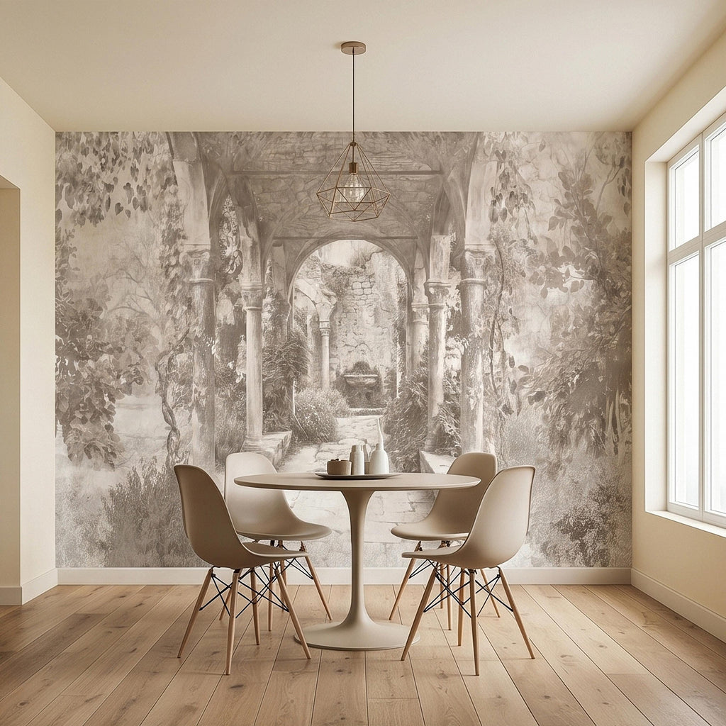 Vintage Stone Archway Garden Peel and Stick Wall Mural, Neutral Beige Sepia Italian Courtyard Ruins with Ivy, Romantic Old World Wallpaper