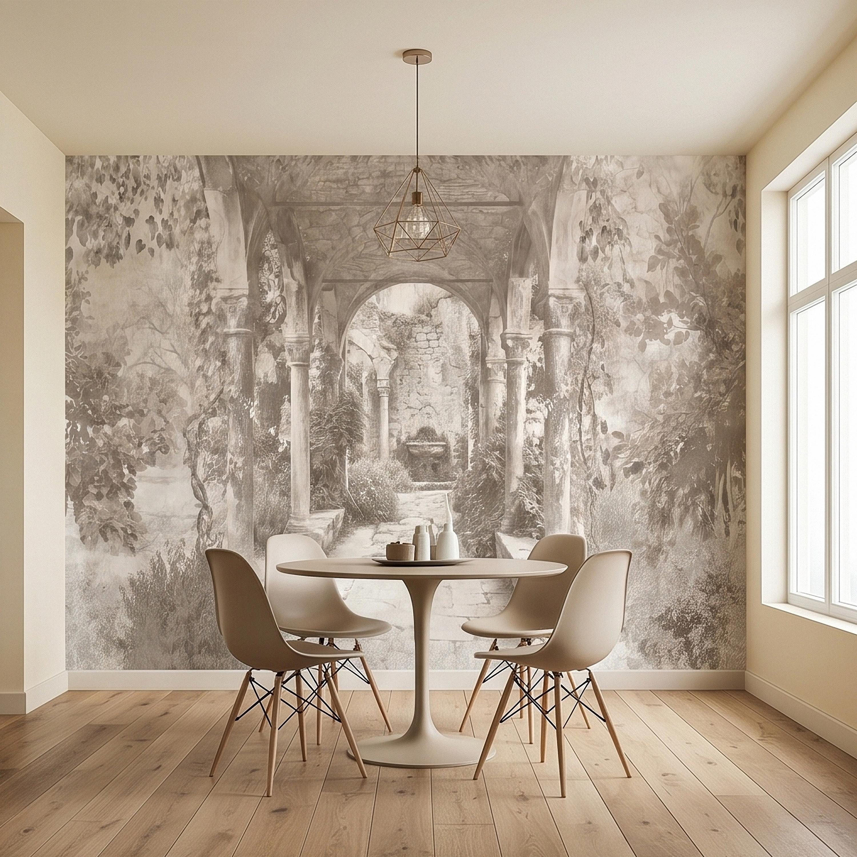 Vintage Stone Archway Garden Peel and Stick Wall Mural, Neutral Beige Sepia Italian Courtyard Ruins with Ivy, Romantic Old World Wallpaper