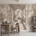 Vintage Stone Archway Garden Peel and Stick Wall Mural, Neutral Beige Sepia Italian Courtyard Ruins with Ivy, Romantic Old World Wallpaper