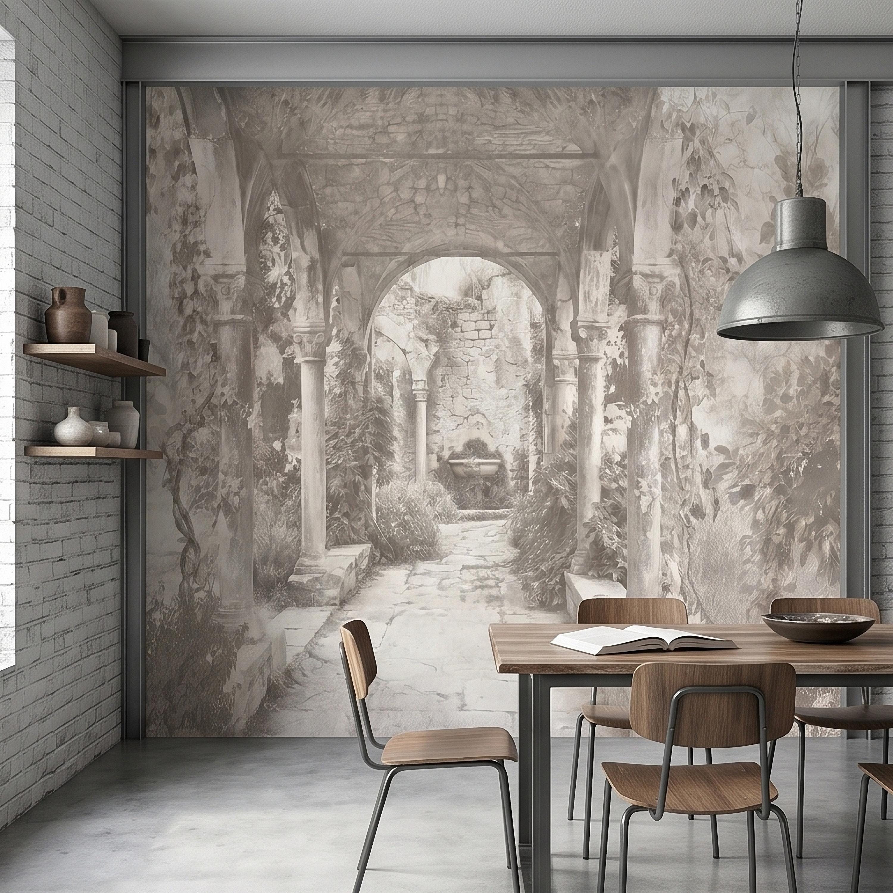 Vintage Stone Archway Garden Peel and Stick Wall Mural, Neutral Beige Sepia Italian Courtyard Ruins with Ivy, Romantic Old World Wallpaper
