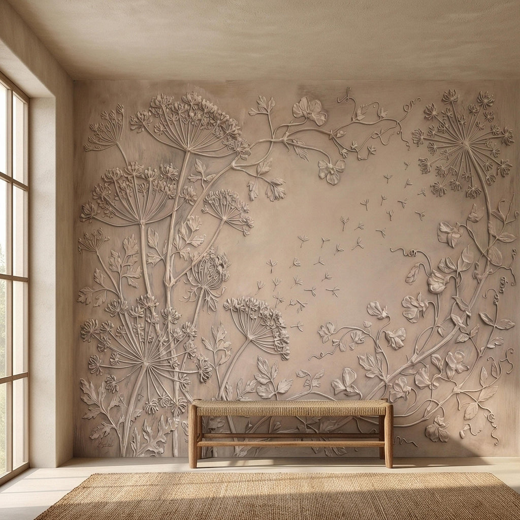 Neutral Wildflower Botanical Peel & Stick Wall Mural, Textured Meadow Bas Relief Style, Luxury Embossed Beige Taupe Floating Seeds Wallpaper