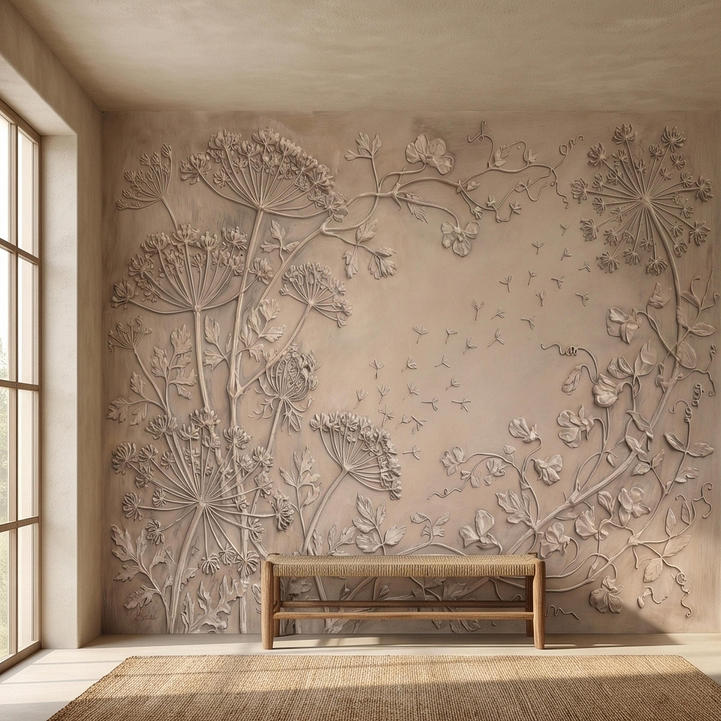 Neutral Wildflower Botanical Peel & Stick Wall Mural, Textured Meadow Bas Relief Style, Luxury Embossed Beige Taupe Floating Seeds Wallpaper