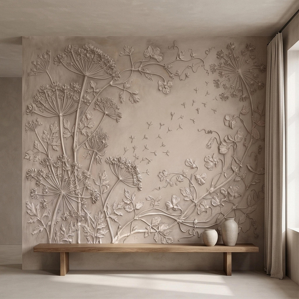 Neutral Wildflower Botanical Peel & Stick Wall Mural, Textured Meadow Bas Relief Style, Luxury Embossed Beige Taupe Floating Seeds Wallpaper
