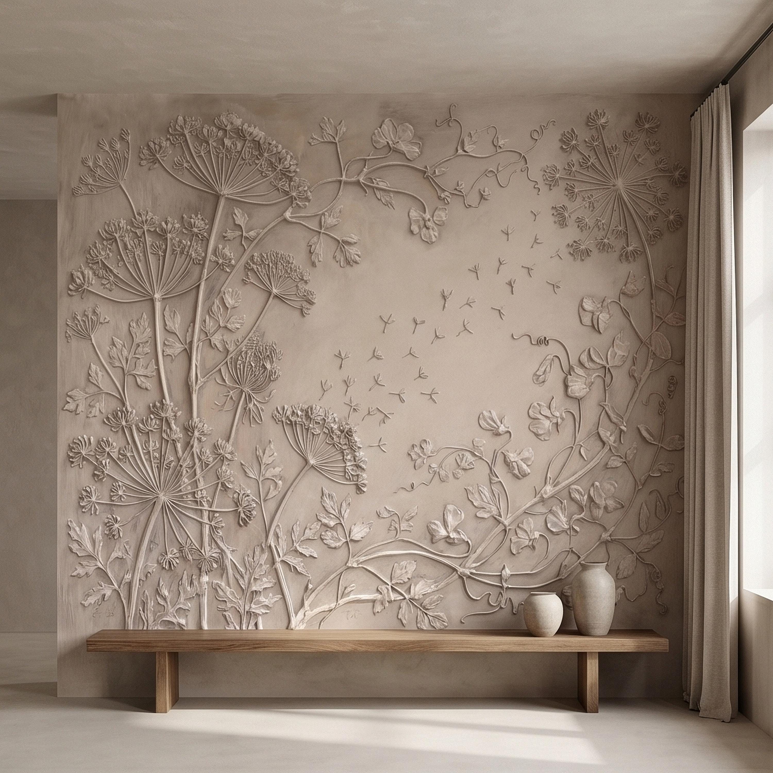 Neutral Wildflower Botanical Peel & Stick Wall Mural, Textured Meadow Bas Relief Style, Luxury Embossed Beige Taupe Floating Seeds Wallpaper