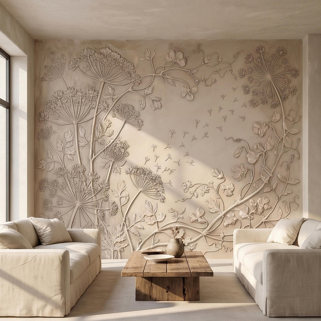 Neutral Wildflower Botanical Peel & Stick Wall Mural, Textured Meadow Bas Relief Style, Luxury Embossed Beige Taupe Floating Seeds Wallpaper