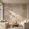 Neutral Wildflower Botanical Peel & Stick Wall Mural, Textured Meadow Bas Relief Style, Luxury Embossed Beige Taupe Floating Seeds Wallpaper
