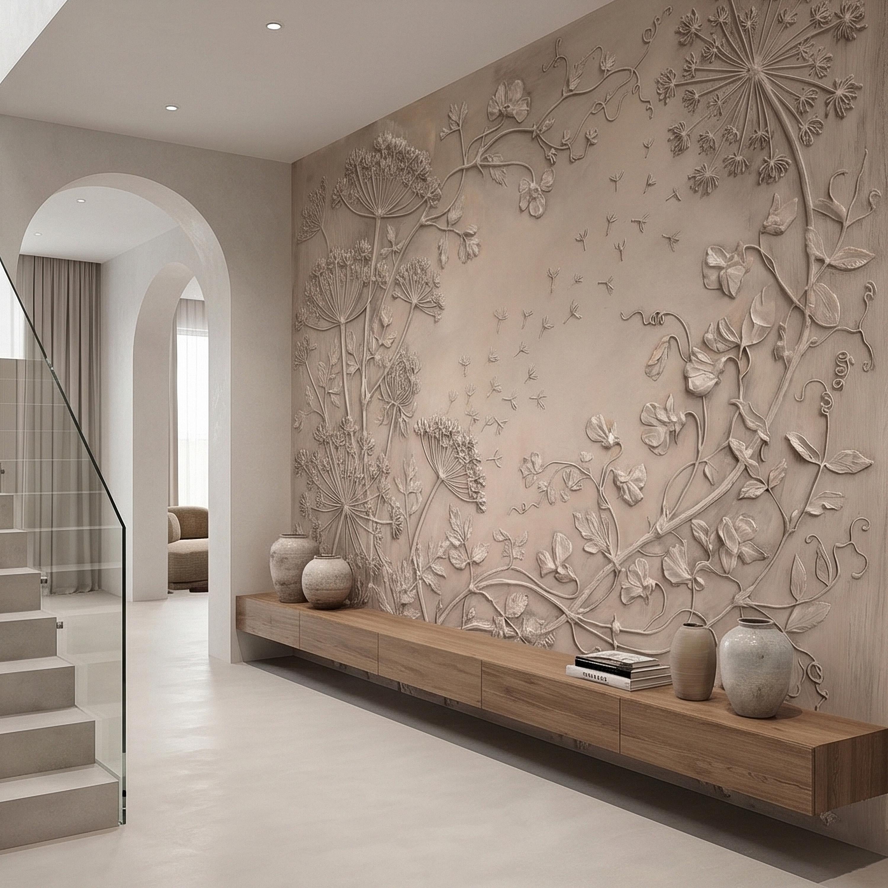Neutral Wildflower Botanical Peel & Stick Wall Mural, Textured Meadow Bas Relief Style, Luxury Embossed Beige Taupe Floating Seeds Wallpaper