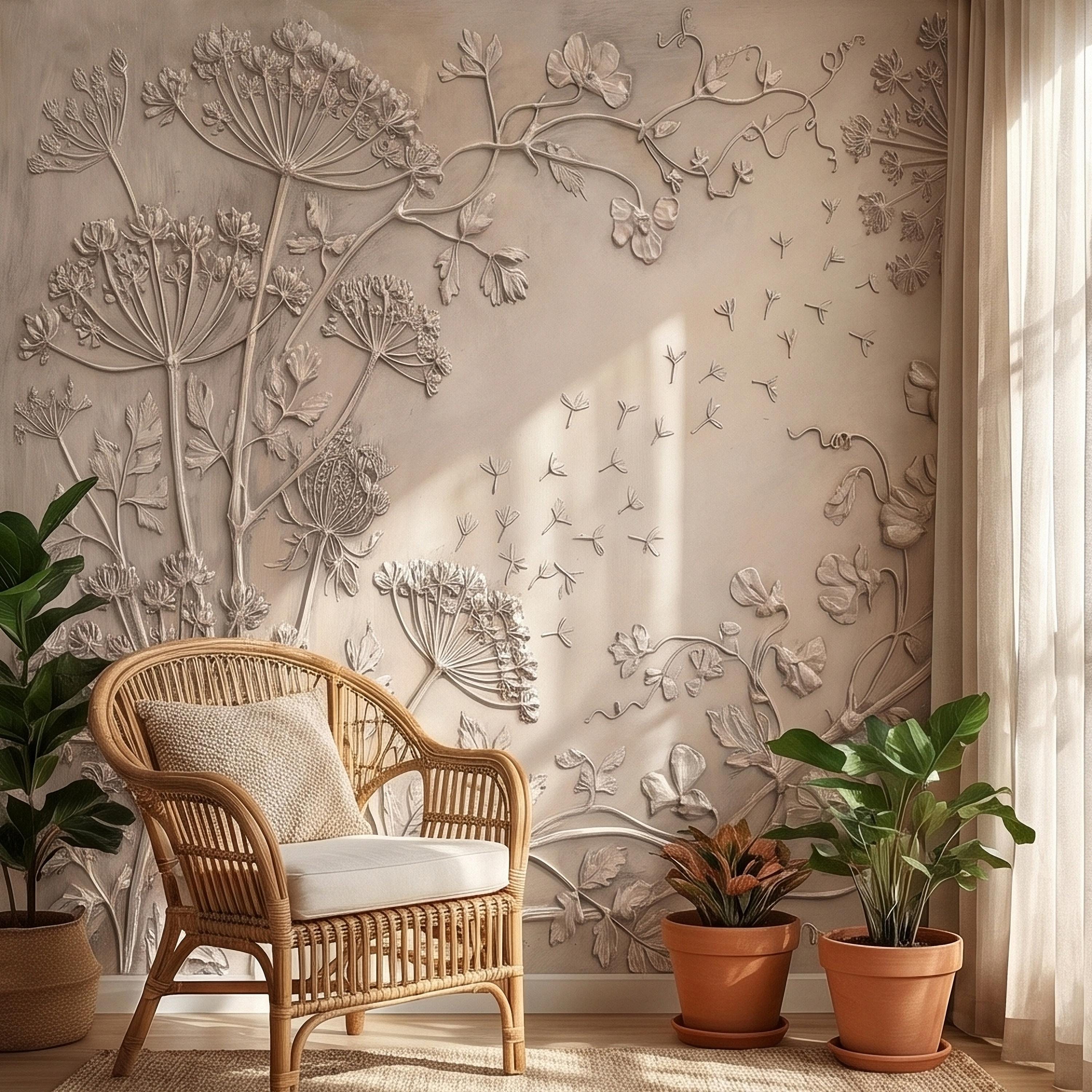 Neutral Wildflower Botanical Peel & Stick Wall Mural, Textured Meadow Bas Relief Style, Luxury Embossed Beige Taupe Floating Seeds Wallpaper