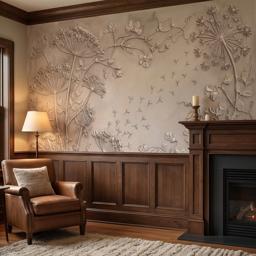 Neutral Wildflower Botanical Peel & Stick Wall Mural, Textured Meadow Bas Relief Style, Luxury Embossed Beige Taupe Floating Seeds Wallpaper