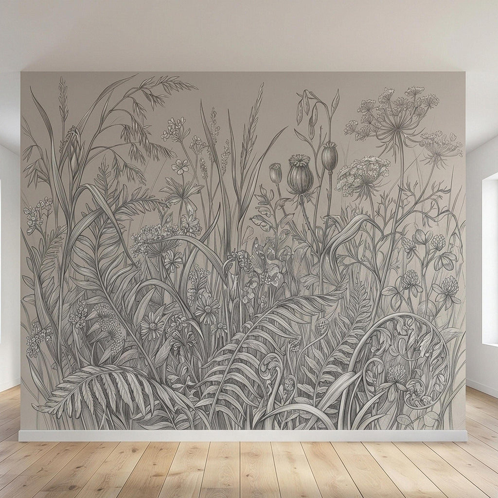 Hand Drawn Wildflower Meadow Botanical Sketch Peel and Stick Wall Mural, Vintage Herbarium Pencil Illustration Neutral Gray Floral Wallpaper