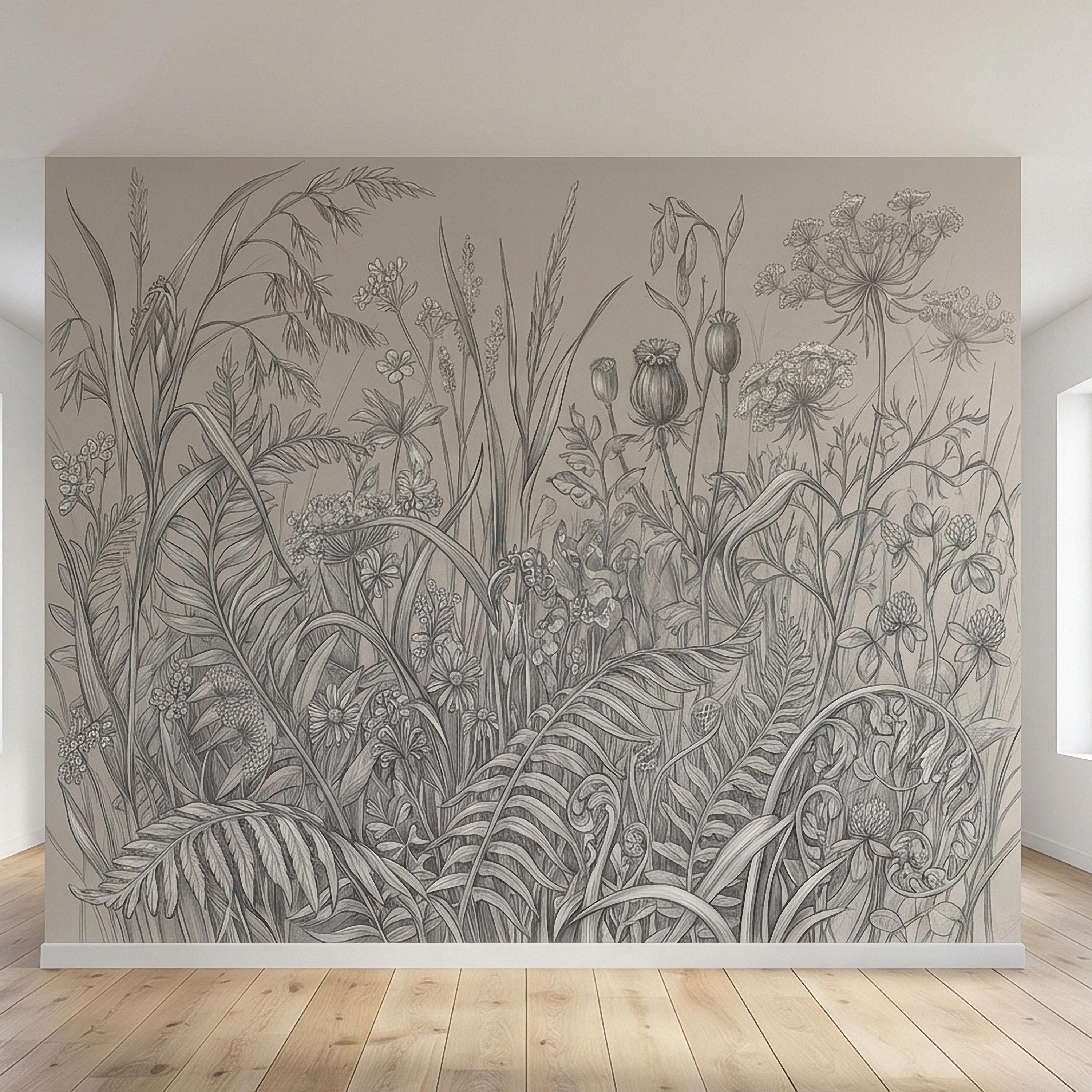 Hand Drawn Wildflower Meadow Botanical Sketch Peel and Stick Wall Mural, Vintage Herbarium Pencil Illustration Neutral Gray Floral Wallpaper