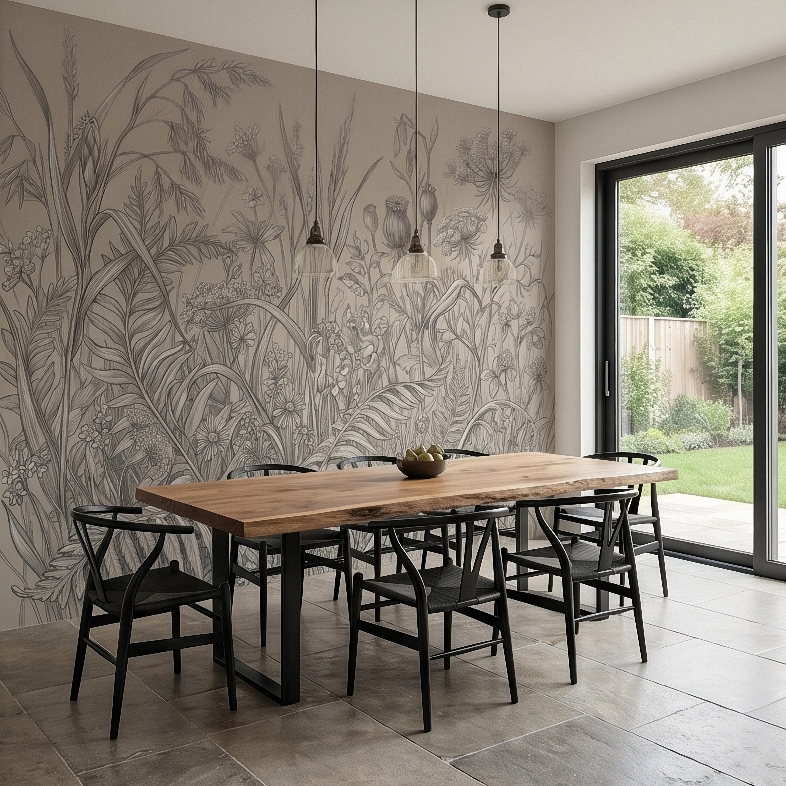 Hand Drawn Wildflower Meadow Botanical Sketch Peel and Stick Wall Mural, Vintage Herbarium Pencil Illustration Neutral Gray Floral Wallpaper