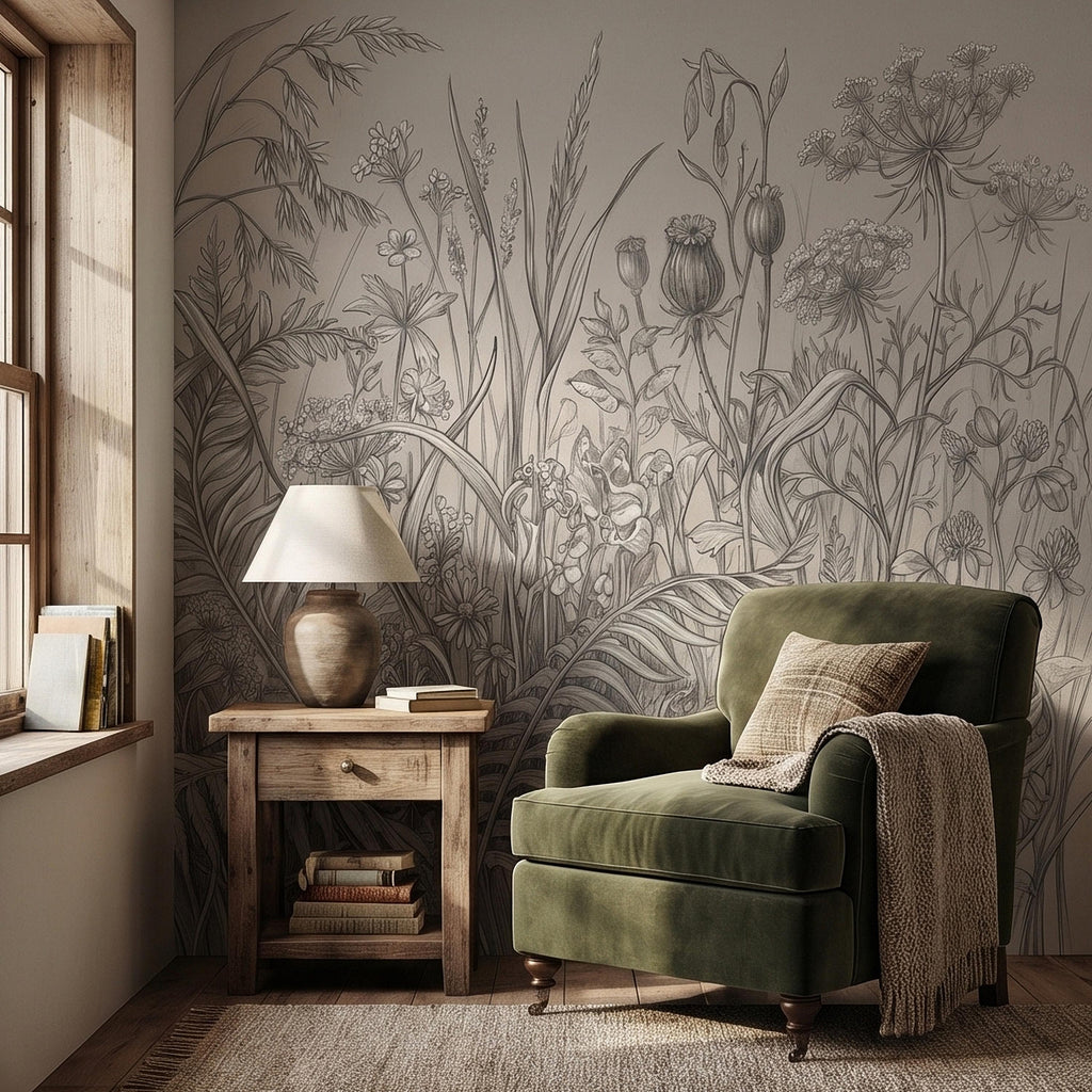 Hand Drawn Wildflower Meadow Botanical Sketch Peel and Stick Wall Mural, Vintage Herbarium Pencil Illustration Neutral Gray Floral Wallpaper