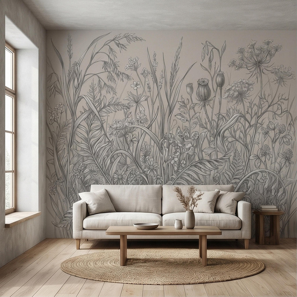Hand Drawn Wildflower Meadow Botanical Sketch Peel and Stick Wall Mural, Vintage Herbarium Pencil Illustration Neutral Gray Floral Wallpaper