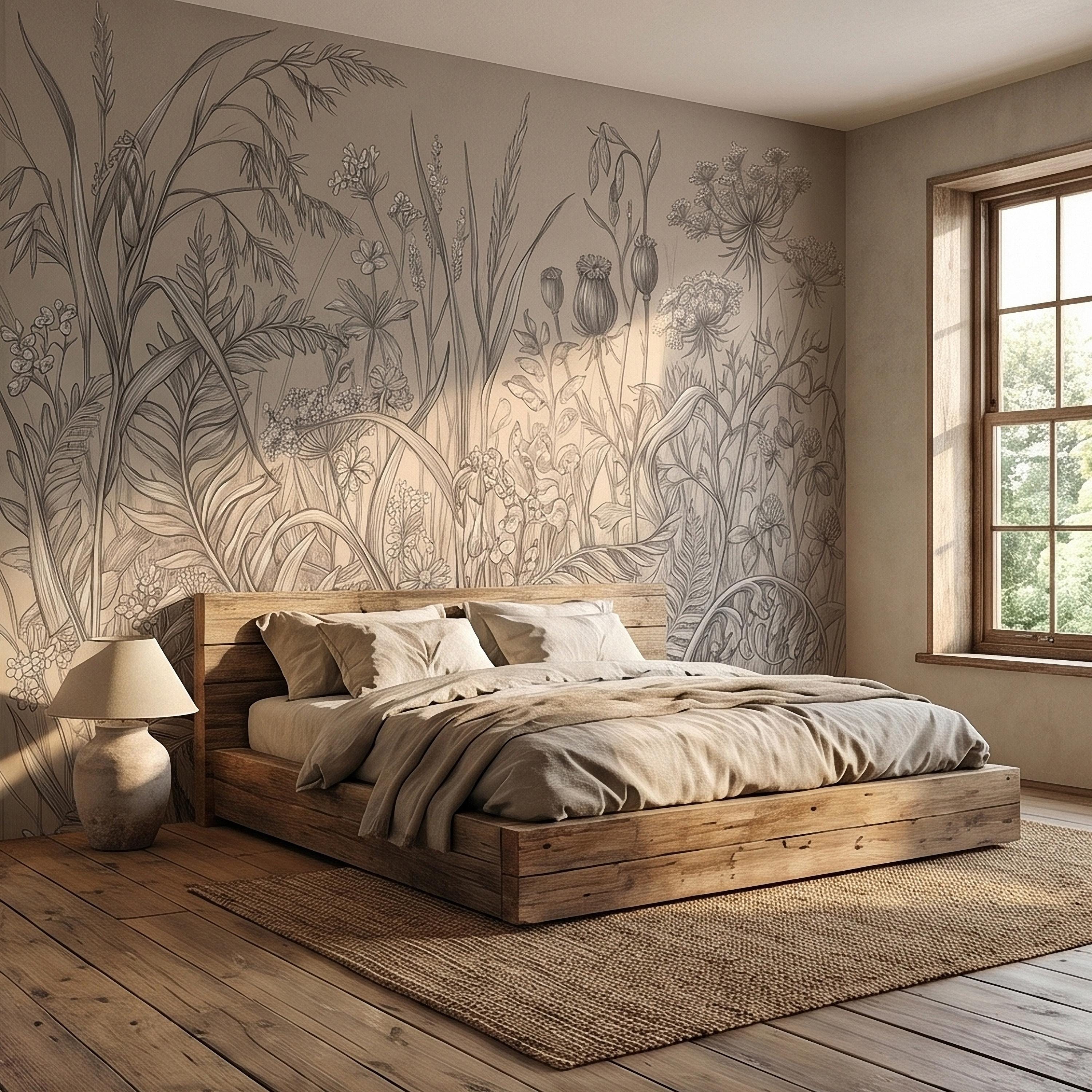 Hand Drawn Wildflower Meadow Botanical Sketch Peel and Stick Wall Mural, Vintage Herbarium Pencil Illustration Neutral Gray Floral Wallpaper