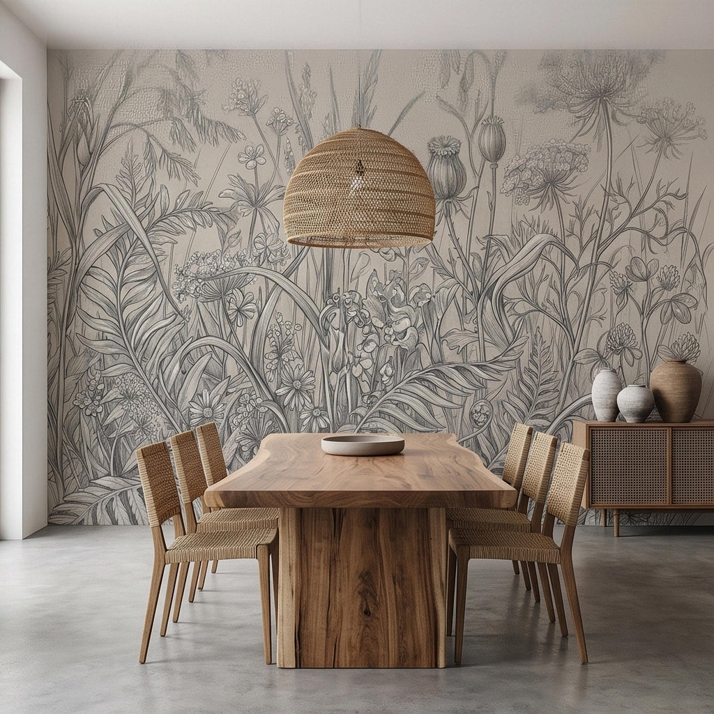Hand Drawn Wildflower Meadow Botanical Sketch Peel and Stick Wall Mural, Vintage Herbarium Pencil Illustration Neutral Gray Floral Wallpaper