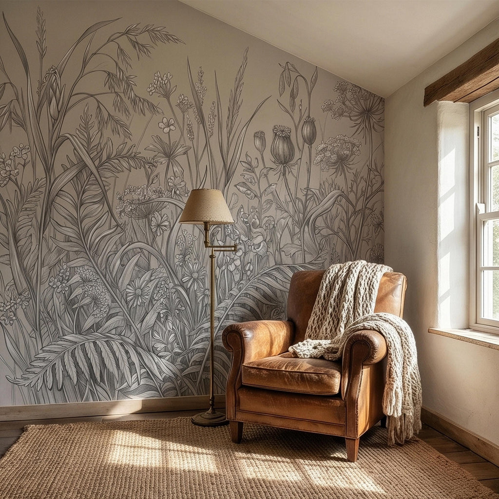 Hand Drawn Wildflower Meadow Botanical Sketch Peel and Stick Wall Mural, Vintage Herbarium Pencil Illustration Neutral Gray Floral Wallpaper