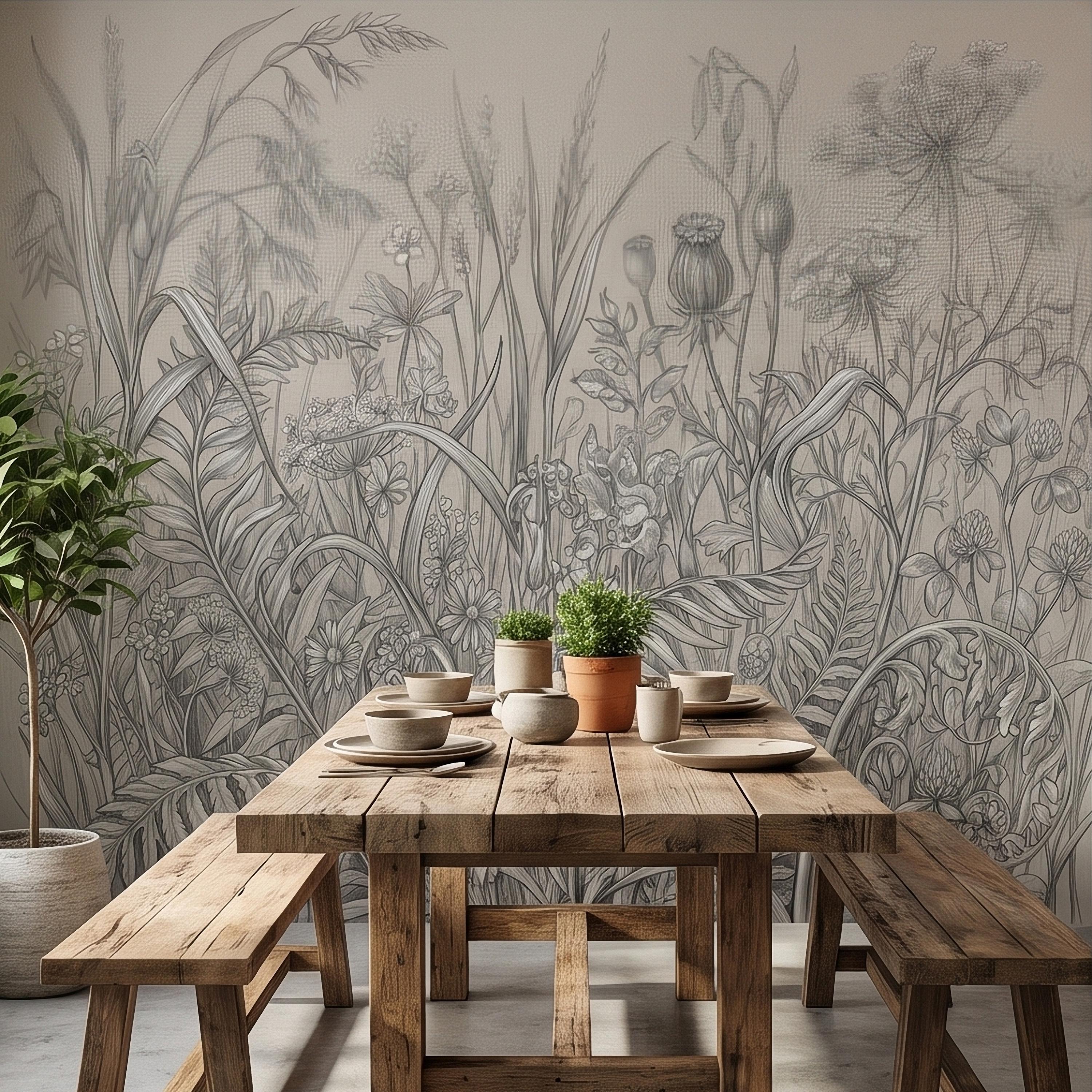 Hand Drawn Wildflower Meadow Botanical Sketch Peel and Stick Wall Mural, Vintage Herbarium Pencil Illustration Neutral Gray Floral Wallpaper